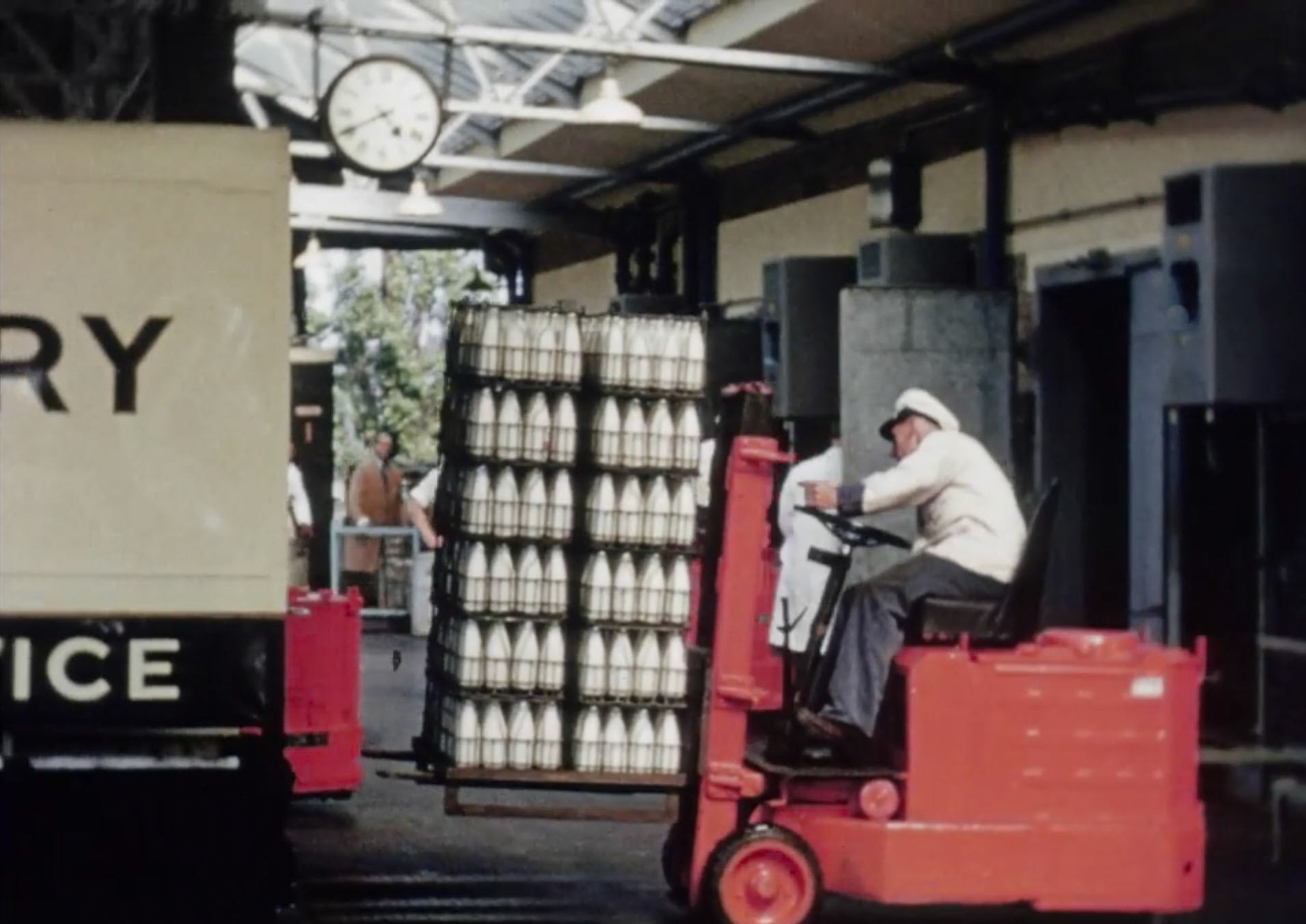 1954 South Morden Processing-loading by forklift. (Stills from Express Dairy Film)