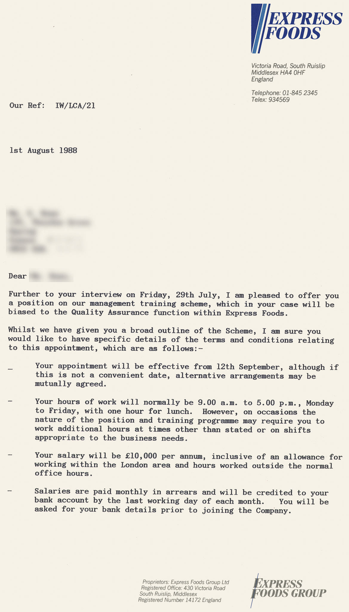 1988 Management Training Offer letter, working in the Divisional QA Office at Ruyton, under John Leach. (Courtesy Soo Rose-Cook)
