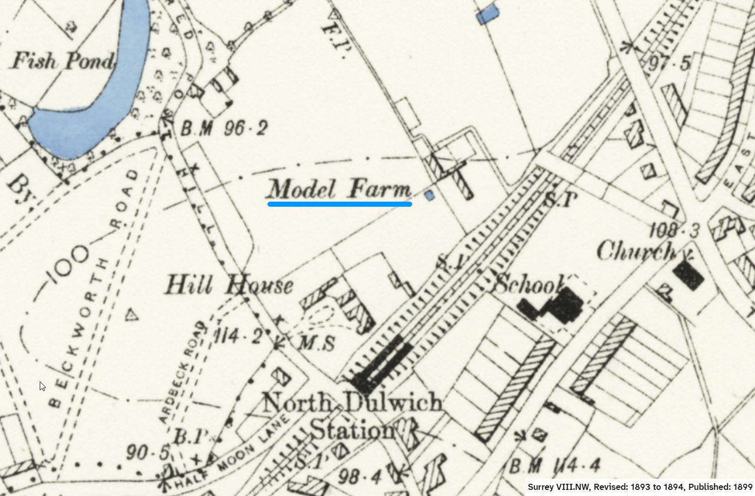 1894 Likely location of Express Dairy's 'Ayrshire Farm' at Herne Hill. (Map Courtesy National Library of Scotland)