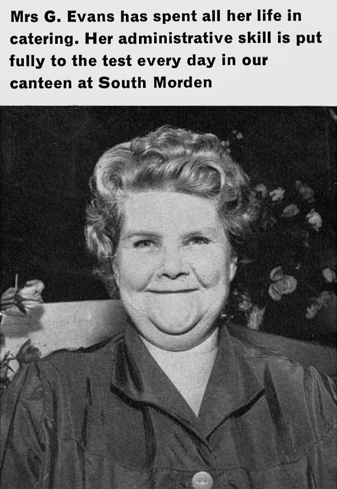 1963 South Morden canteen manageress Mrs G. Evans , from Staff Canteen Feature (Express News Autumn)