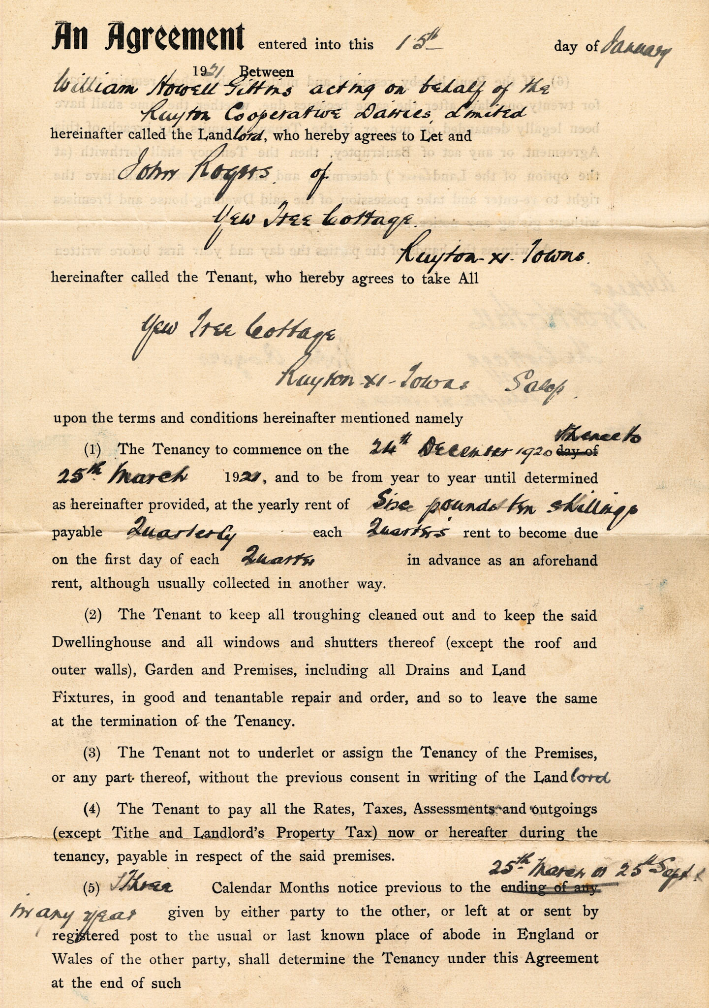 1921 Rent Agreement between RCD and John Rogers, for Yew Tree Cottage.