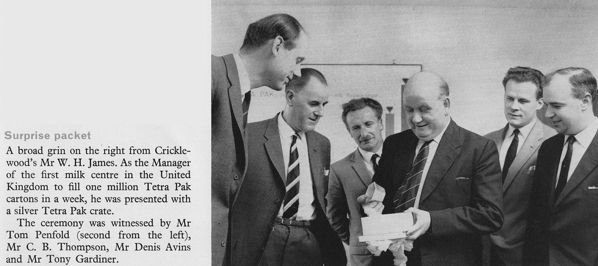 1966 Cricklewood - Manager 'Jimmy' James presented with silver Tetra Pak crate to celebrate filling one million cartons in a week. Also features Tom Penfold, Denis Avins and Tony Gardiner. Reg Sharp comments "Mr James was a great manager, always had time for his staff."