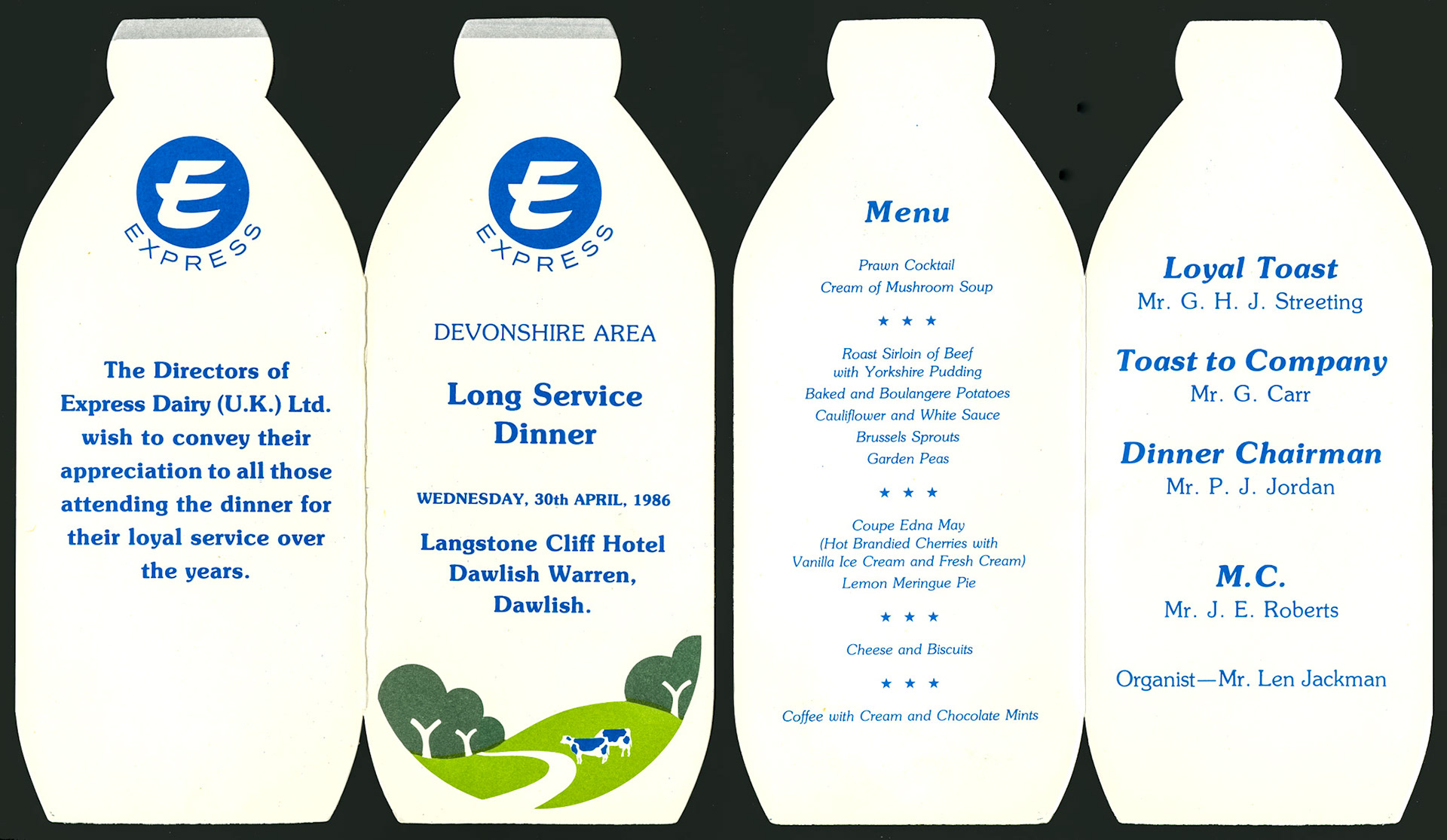 1986 Exeter Long Service Dinner at the Langstone Cliff Hotel, Dawlish. Hosts: George Streeting, Mr G. Carr, Peter Jordan and John Roberts. Chris Austen comments "A very enjoyable evening attended by Howard Stanworth, MD of Milk Division, Denis Watson, Production Director, and Personnel Director, Alex Wilson. The hotel was a major customer of Express". (Courtesy Michael Mitchell, godson of John Roberts)