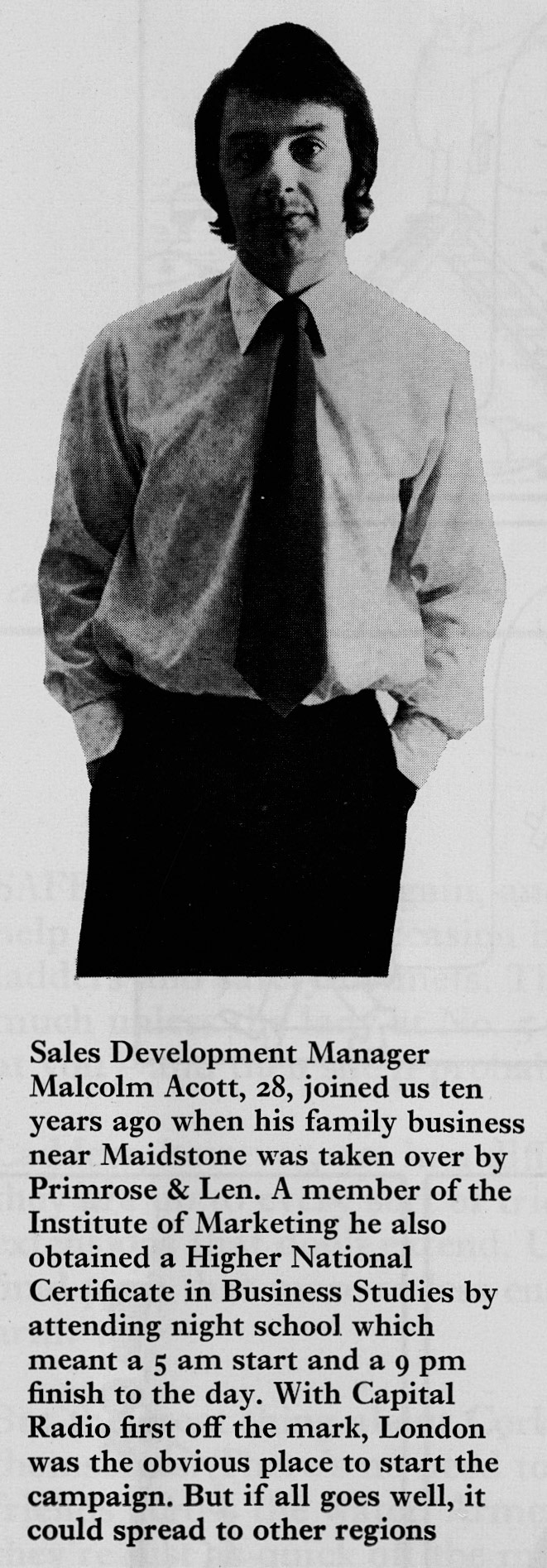 1974 Malcolm Acott from Primrose and Len, now Sales Development Manager at South Ruislip