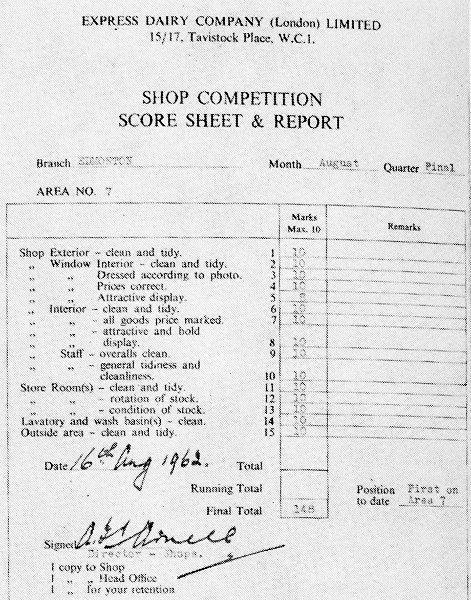 1962 London Shops 'Best Kept Shop' competition winner-Edmonton score sheet. (Express News Autumn)
