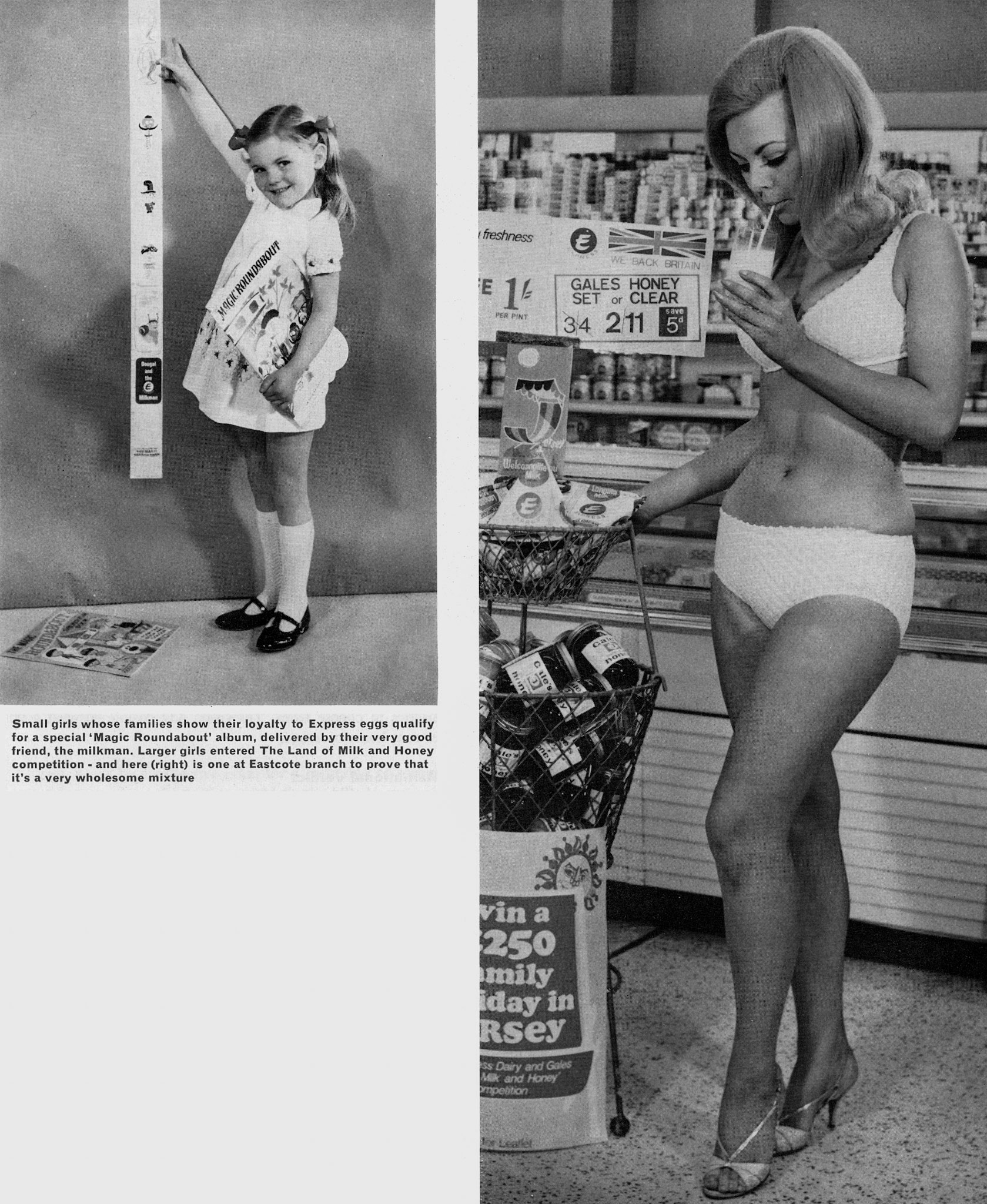 1968 Sales promotion incentives for customers - Magic Roundabout album for kids and 'Land of Milk and Honey' at Eastcote shop. (Express News Summer)