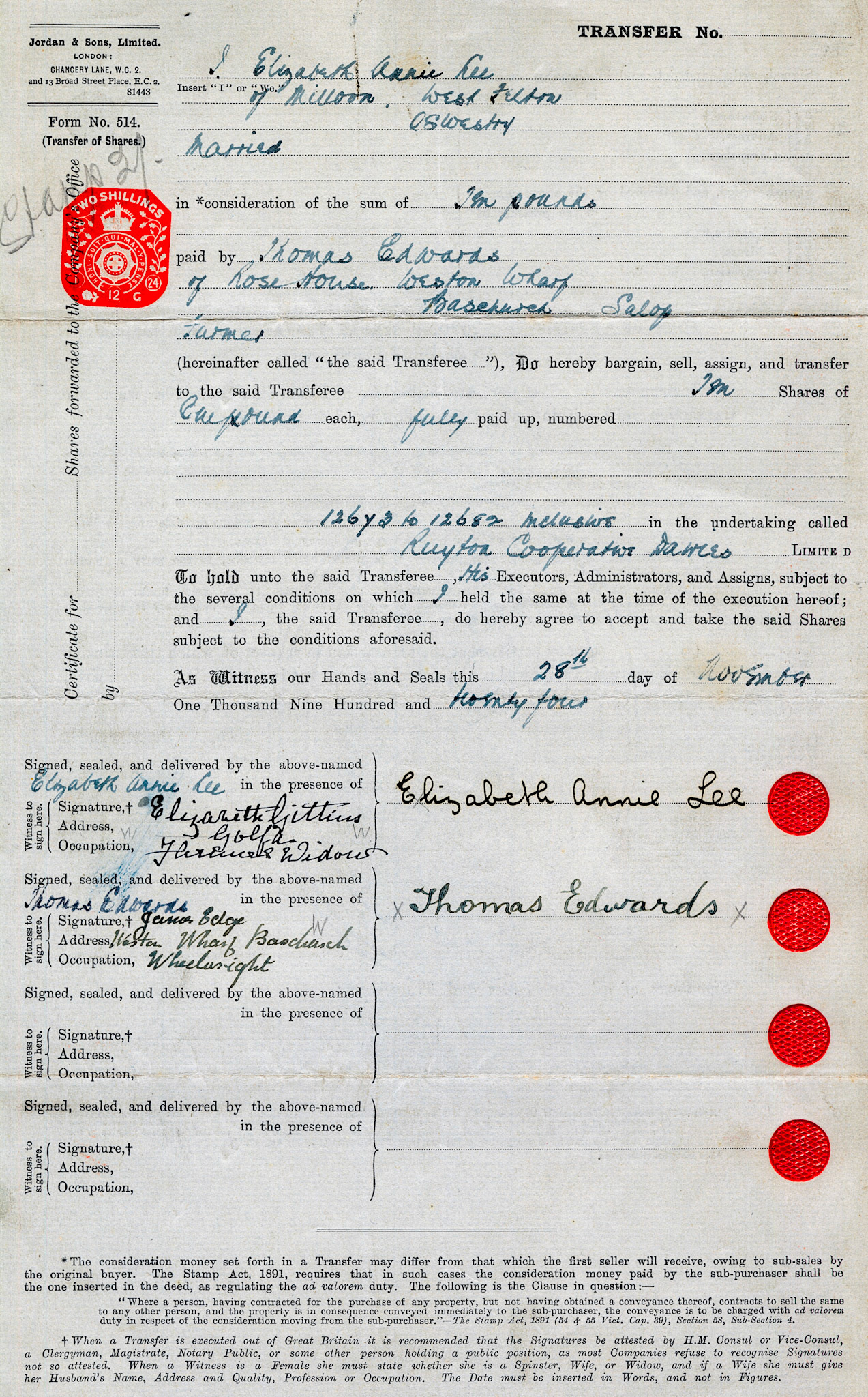 1924-Elizabeth Annie Lee-Share Transfer Form