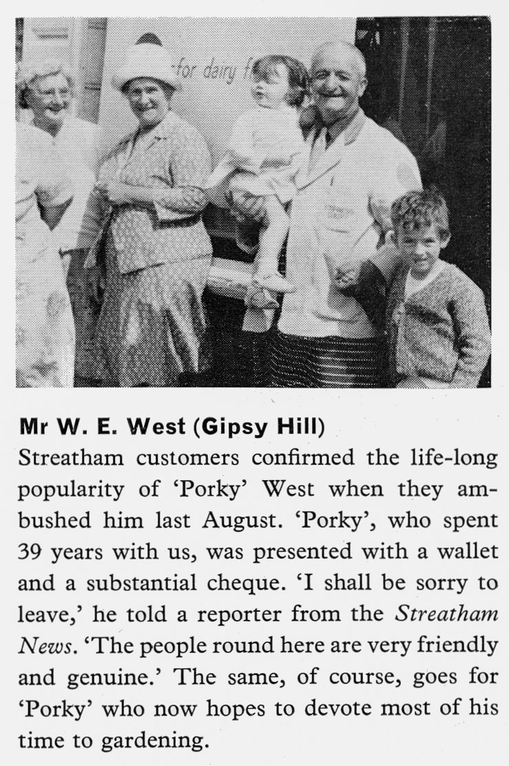 1967 Mr W. E. West of Gipsy Hill receives presents from Streatham customers when retiring after 39 years.  (Express News Autumn)
