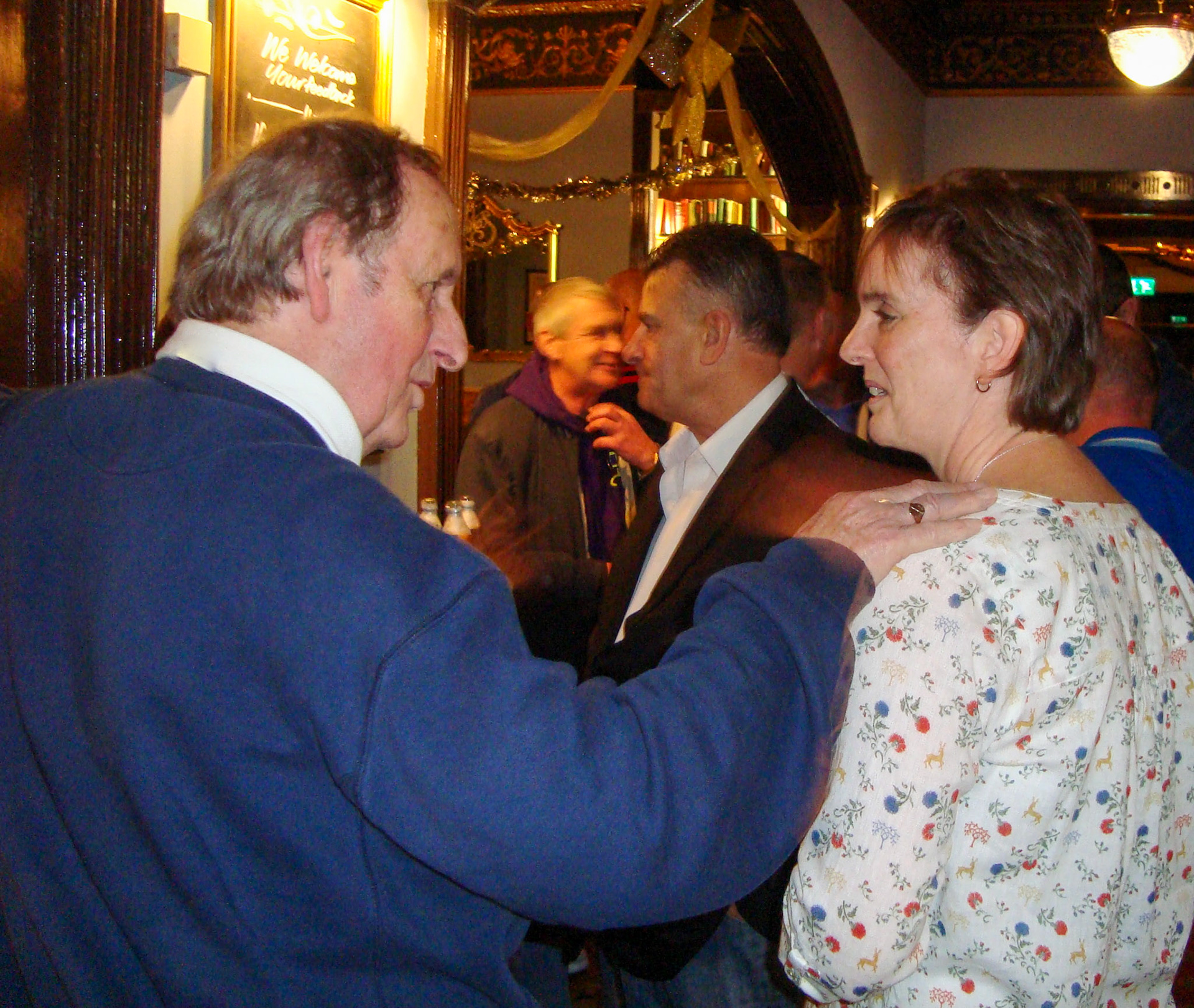 2015 Exeter Staff Reunion. Jimmy Reid identifies Clive Lelevre with Jackie Ditchburn, Stephen Evans in the background. (Courtesy Phillip Budd)