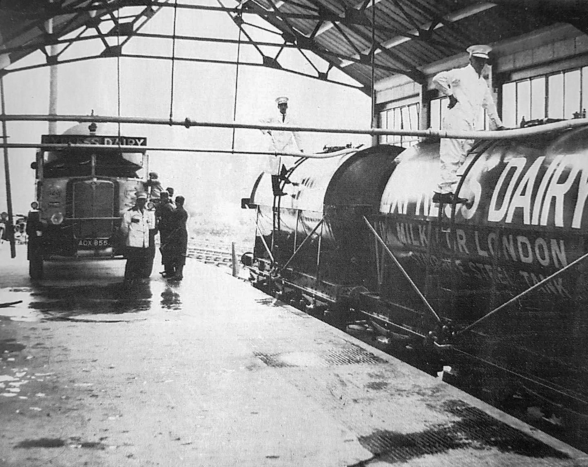 1933 Rowsley-filling milk tankers for transportation to London. Bill Conquest comments "The road tanker was new to Express in 1933 so the dairy would have not long opened". (Courtesy Jim Wilson)