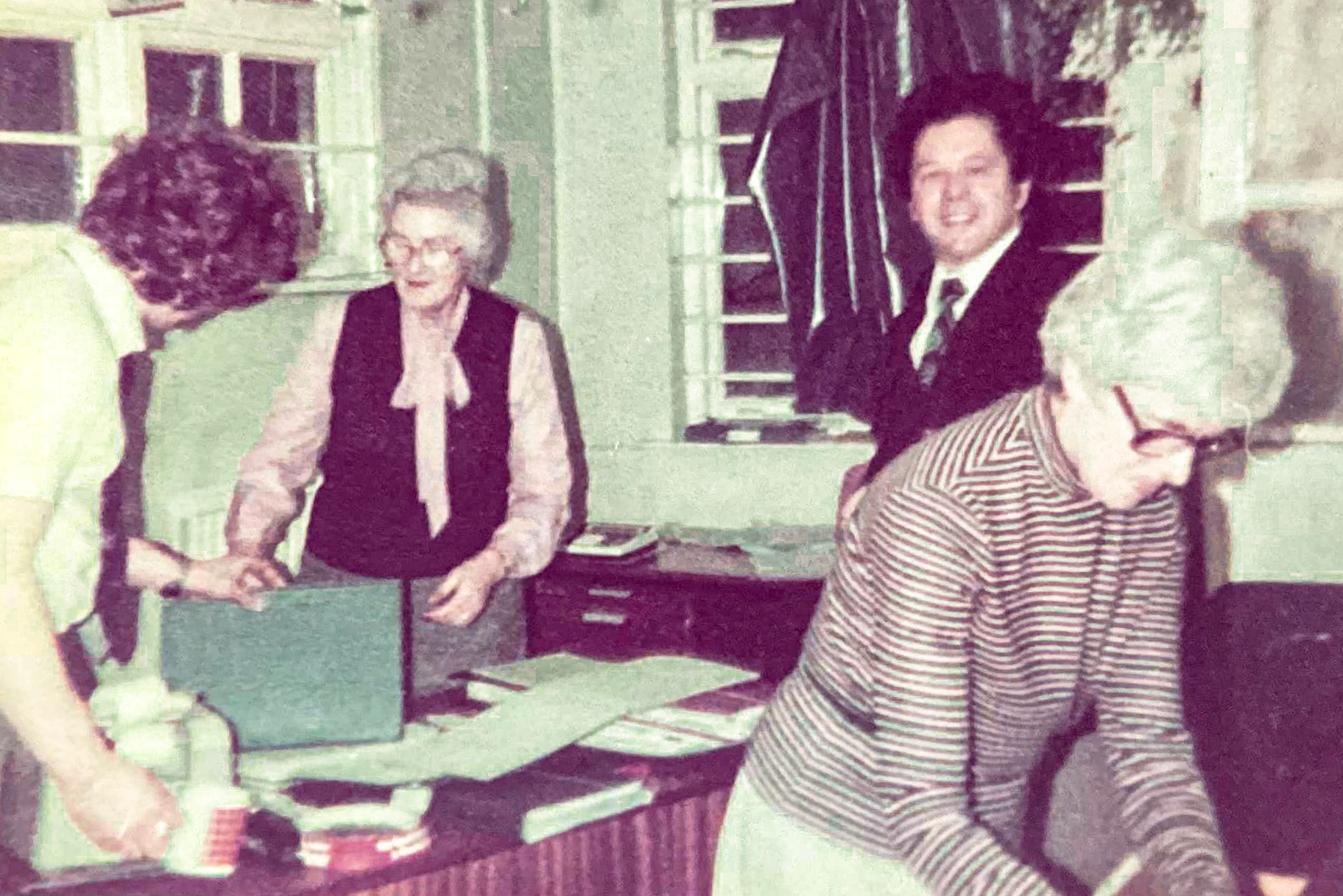 1982 Canonbury. Michael Aldread comments "Ray Hatton, Peter Kelly, Val and Bobby-photo from when I first joined Express Dairy. Happy Days". (Courtesy Michael Aldread)