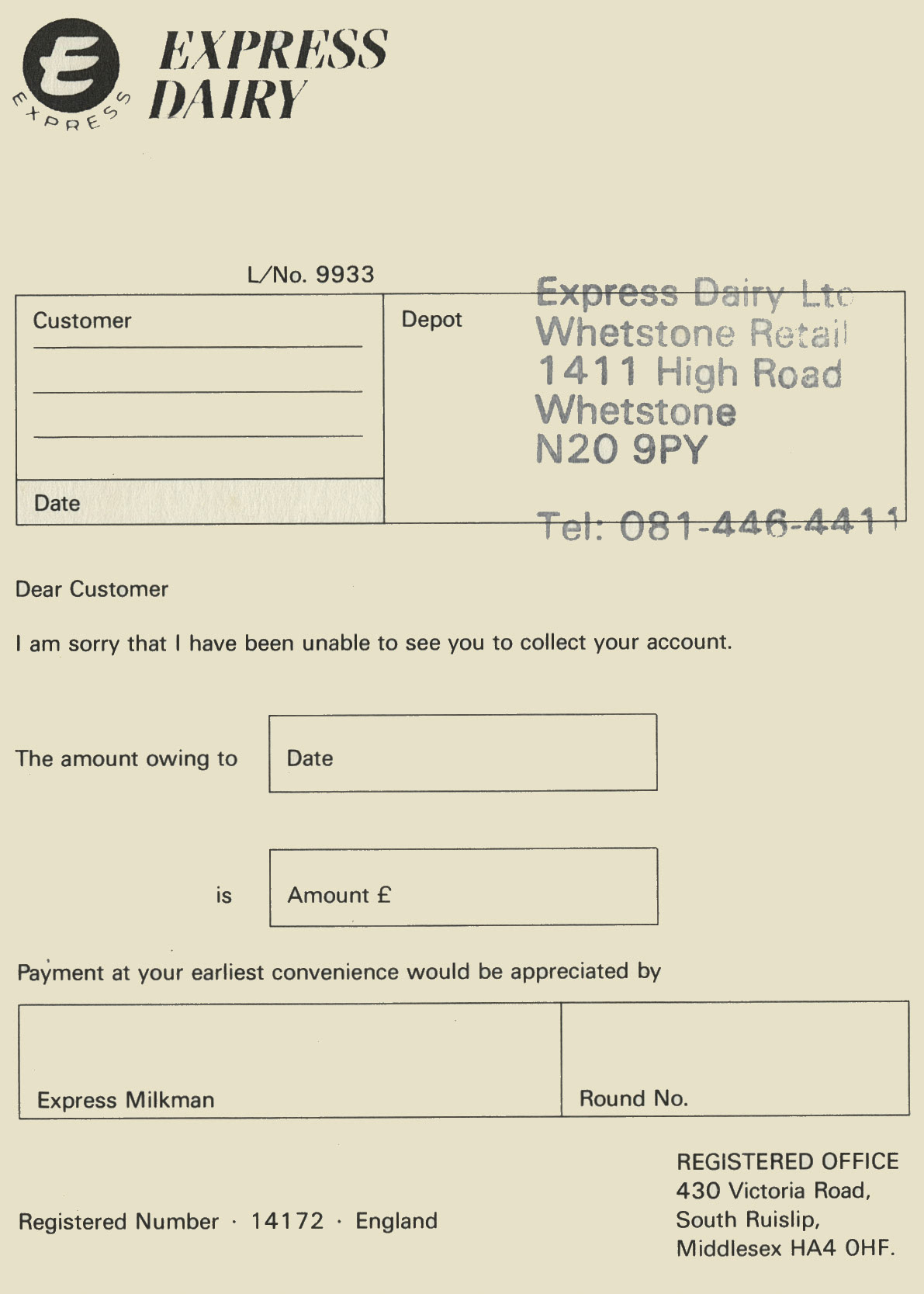 1980's? Account overdue letter, Whetstone Depot (Courtesy Michael Aldread)