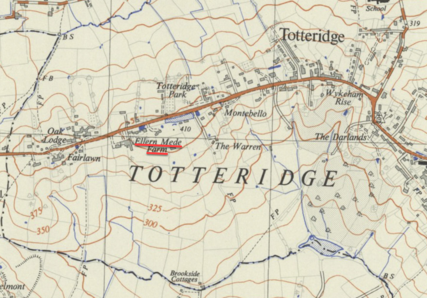 1956 Ellern Mede Farm, Totteridge Common location, 1957 1:25000 OS map (National Library of Scotland)