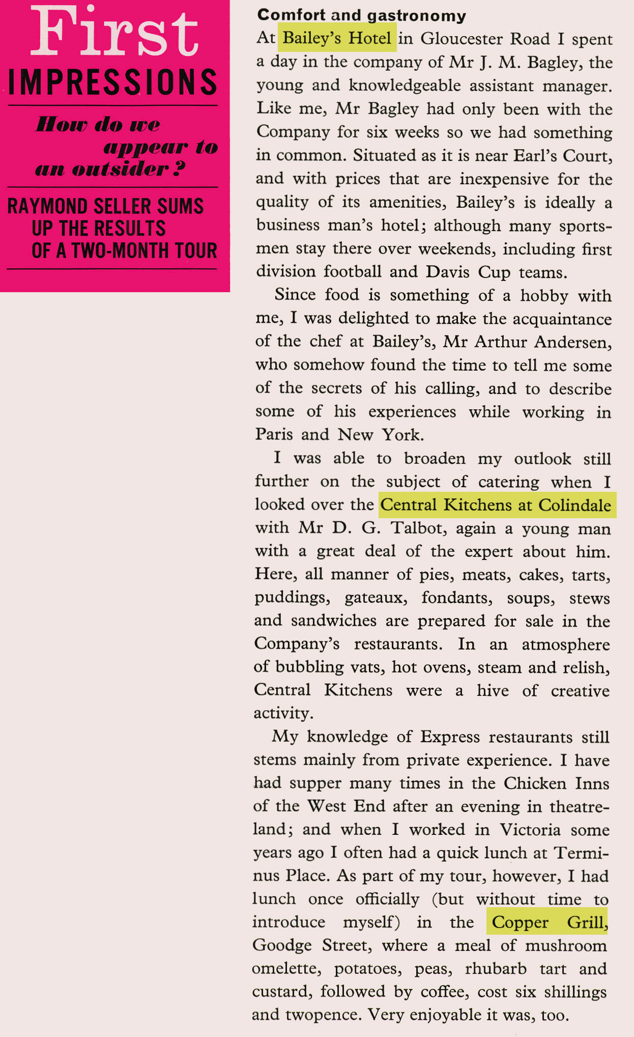 1963 Bailey's Hotel, Colindale Central Kitchens and 'Copper Grill' Express Restaurant - extract from feature article by Raymond Seller, who joined Express to help edit 'Express News' (Express News Autumn)