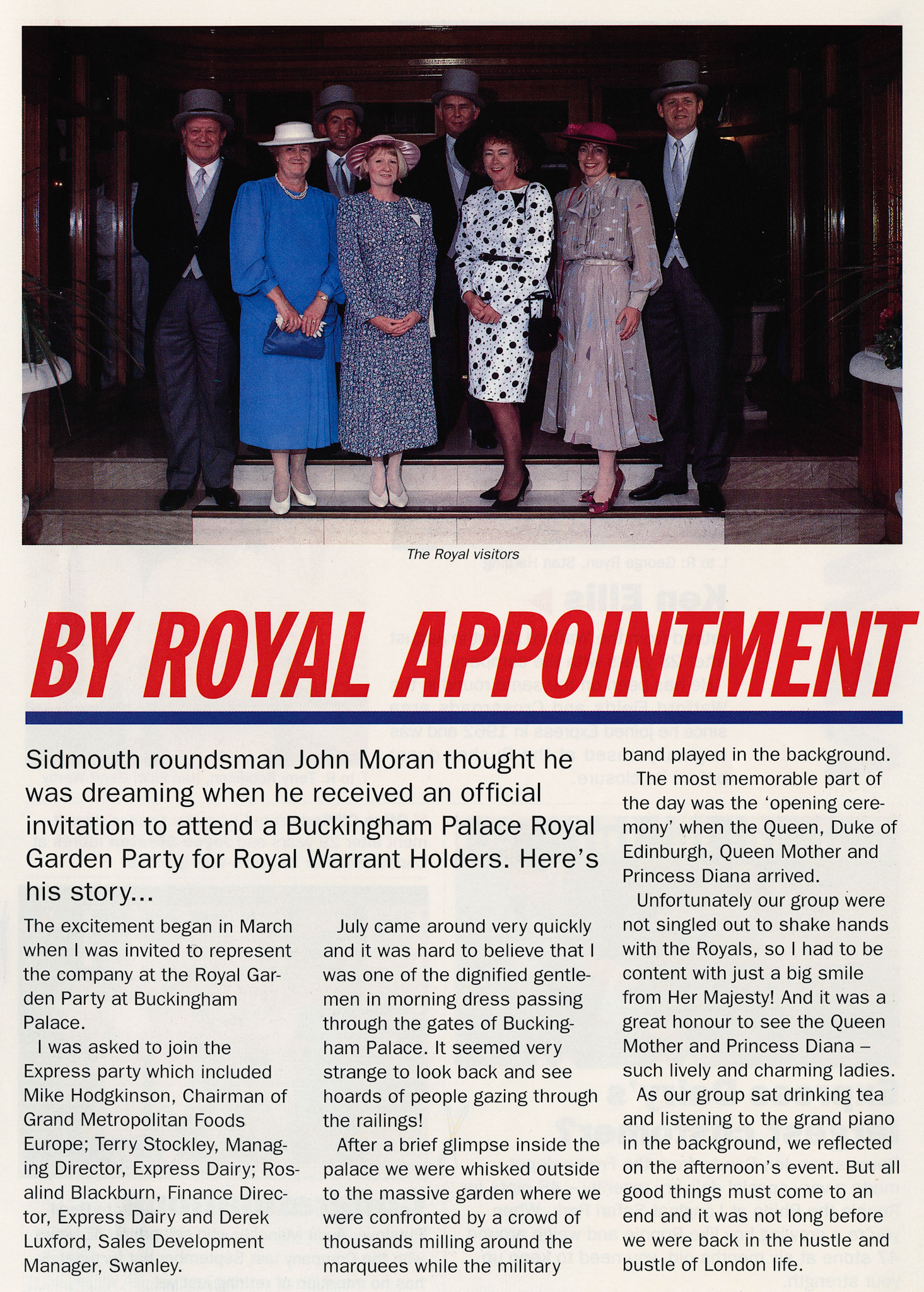 1990 Sidmouth roundsman John Moran attends a Buckingham Palace garden party (1990 Winter Tops Magazine, Courtesy Beryl Purslove)