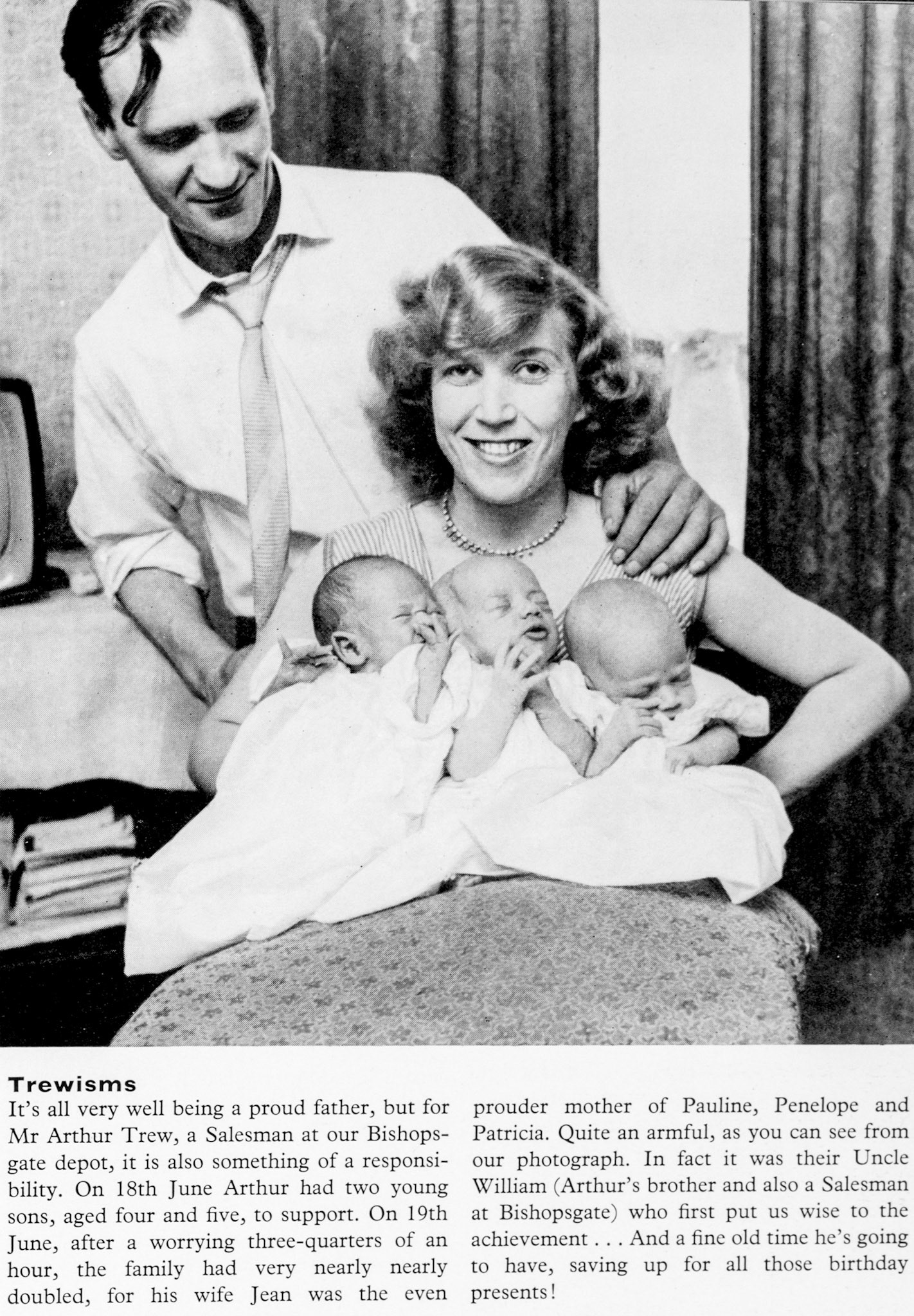 1961 Bishopsgate salesman Arthur Trew with his wife Jean and three recently born triplets Pauline, Penelope and Patricia.(Express News Autumn)