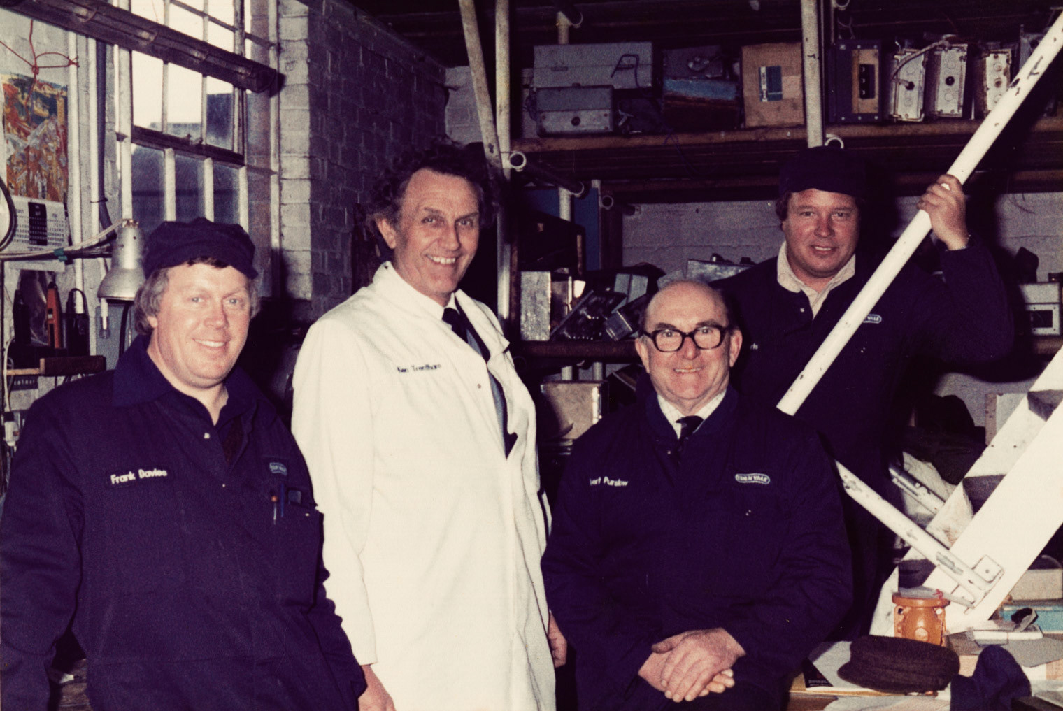 1986 Ken Trentham's retirement. Ann Worrall identifies Frank Davies, Ken Trentham, Albert Purslow (Kathryn Purslow's grandad) and Mike Roberts. (Joe Lyons Collection)