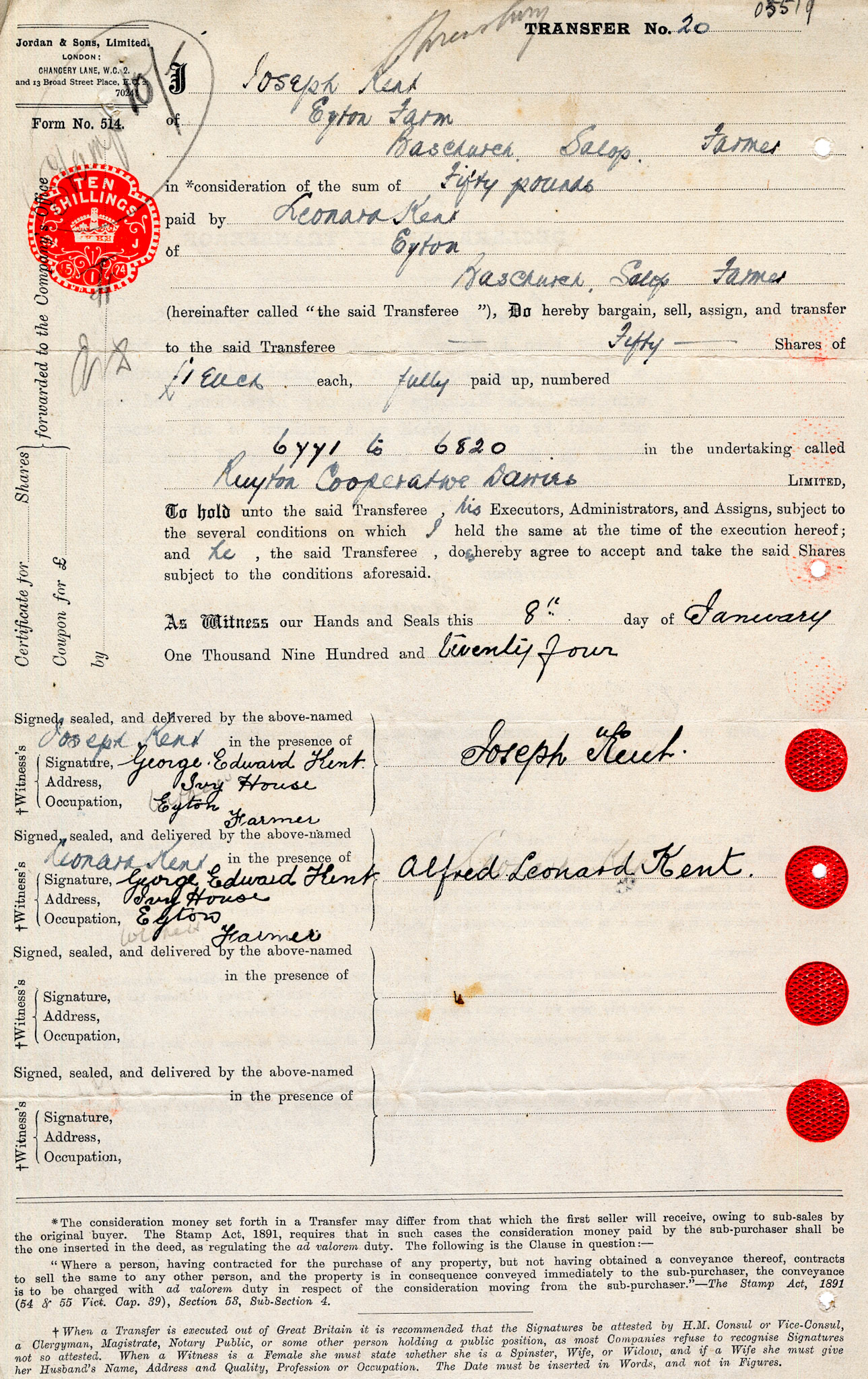1924-Joseph Kent-Share Transfer Form