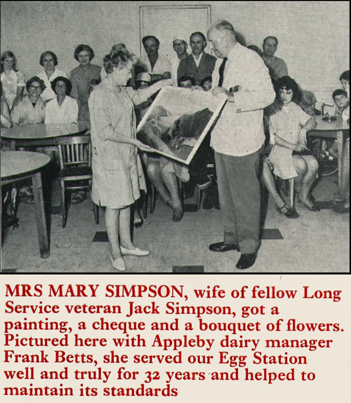 1970 Frank Betts, Appleby Manager, presents Mrs Mary Simpson, wife of Jack Simpson after she worked in the Egg Station for 32 years. (Express News Christmas)