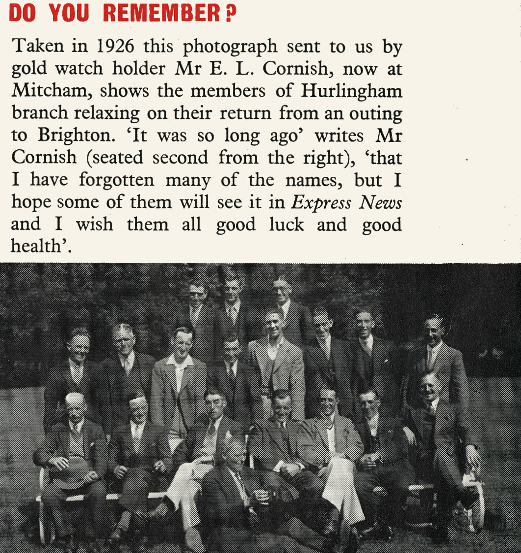 1926 Hurlingham Depot staff on a trip to Brighton. (Express News March 1957)
