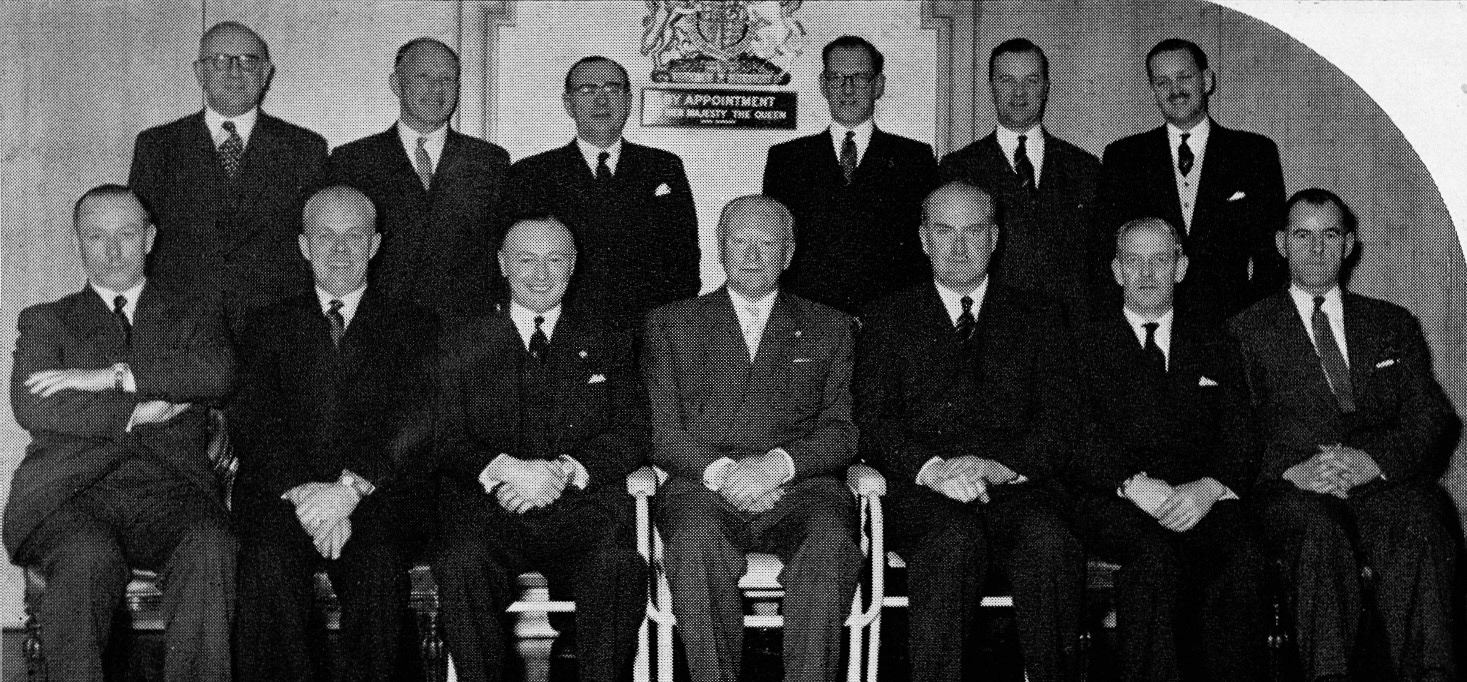 1958 R. HARVEY, T.W. EVANS, L.W. McNAIR, JOHN HUNTER, W.E.D. BELL, WALTER NELL, T.D. POTTER, DR T.R. ASHTON (Thank you lunch for managers who helped organise Prince Philip's visit to South Morden in November 1957)