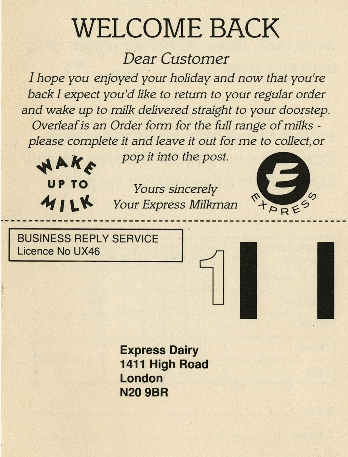1980's Milkman's customer return from holiday form (Courtesy Michael Aldread)