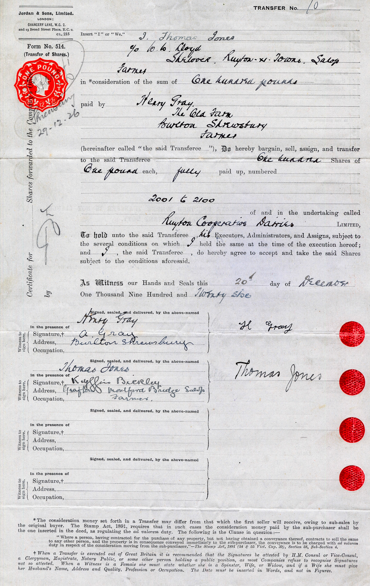 1926-Thomas Jones-Share Transfer Form
