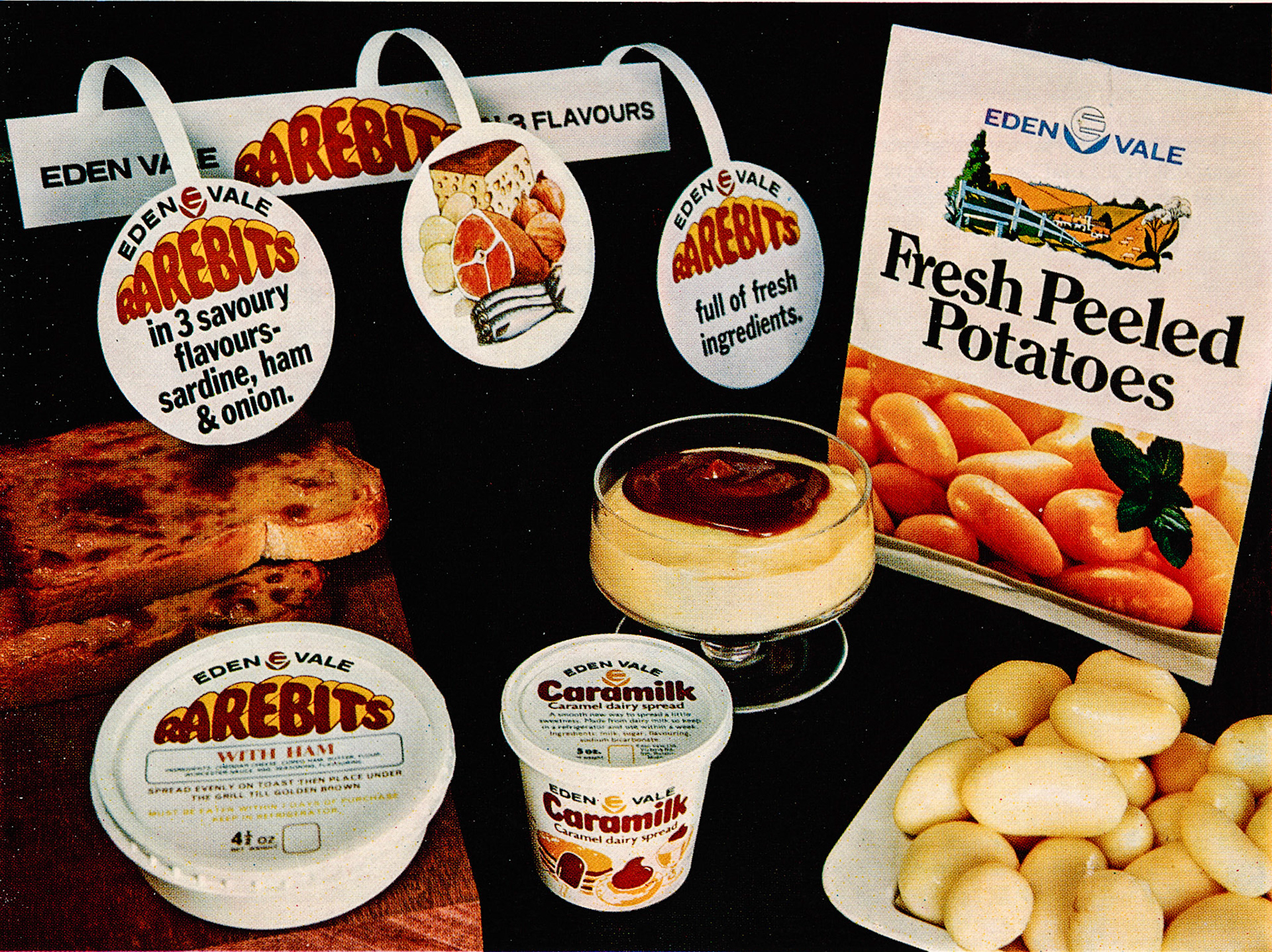 1970 New Eden Vale products lineup, including Caramilk (caramelised condensed milk) and sardine flavoured rarebits!