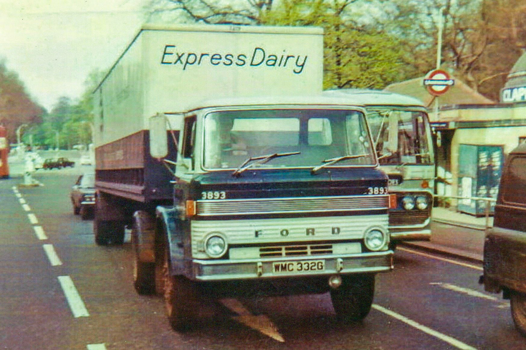 1968 Reg Ford, WMC 332G, Fleet 3893. Raffaele Ralph Phillips comments "Out of South Morden bottling depot going into a London Retail Depot with Clapham Common tube station on the right hand side, sometime in the 70's. I joined the Company in 1970 as an apprentice vehicle electrician and remember working on the then new fleet of Ford D800 and D1000, based at Morden." (Courtesy Michael Aldread)