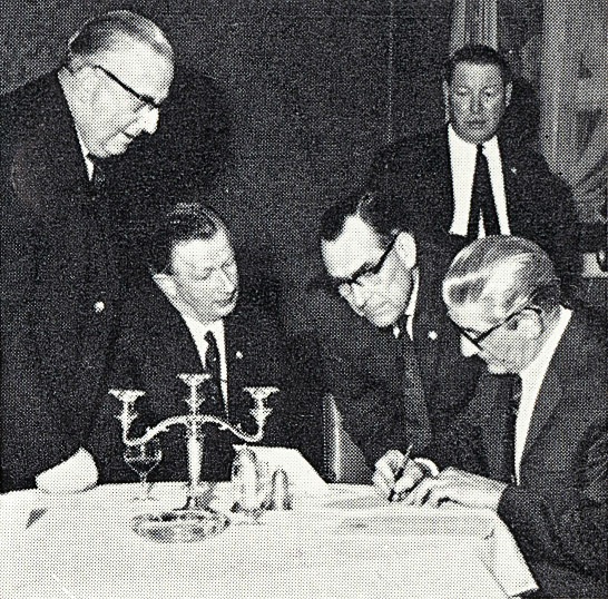 1970 Appleby Long Service Dinner, with Ken Slack, Les Pattinson, Cyril Money, Ted Shelley and in the background Ernest Arnison. Gwenda Tomlinson comments "Hello I am Gwenda Tomlinson (nee Hooper). My father was Lionel (Bert) Hooper. We moved to Appleby in 1958 and lived in one of the four houses in Garbridge Lane. In the final photo in the group it looks like Ted Shelley who lived next door to us (bottom right with glasses). He was probably receiving the Long Service award. I also spotted Cyril Money who lived next door but one to us. Brian Hatt lived in the fourth of the houses but he is absent as was my father; he had retired the previous year." (Courtesy Doreen Williams)