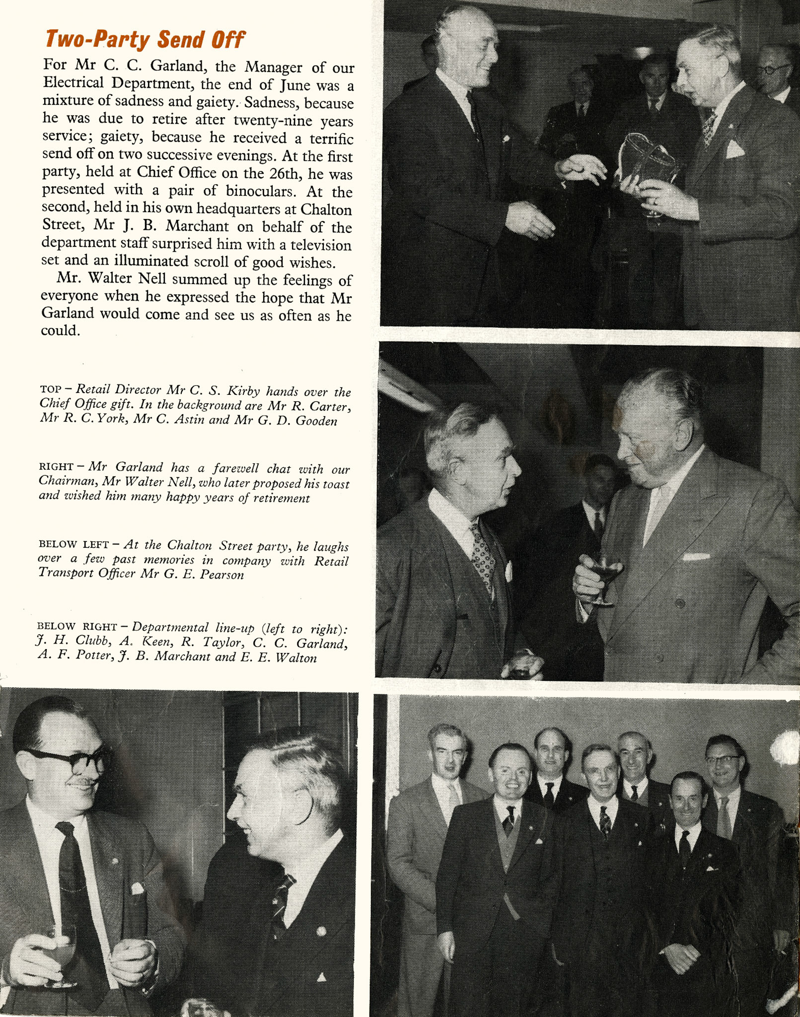 1958 Manager of the Electrical Department Mr C.C. Garland retires after 29 years. The Department was based at Chalton Street, Somers Town NW1 at that time. (Express News September)