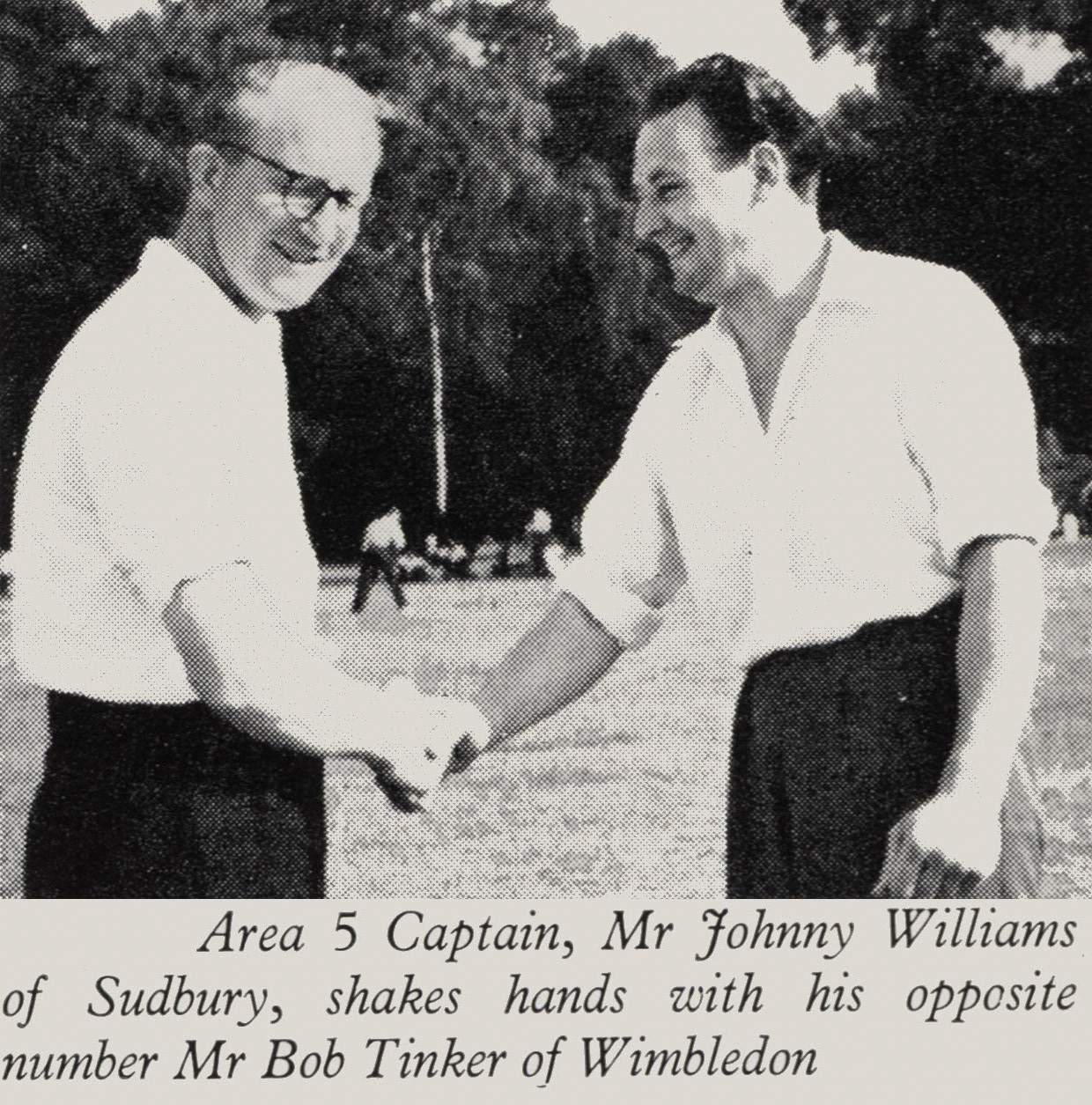 1957 Cricket match at Marble Hill, Twickenham. Area 5 Captain Mr Johnny Williams of Sudbury shakes hands with Area 3 Captain Mr Bob Tinker, Wimbledon. (Express News Autumn)