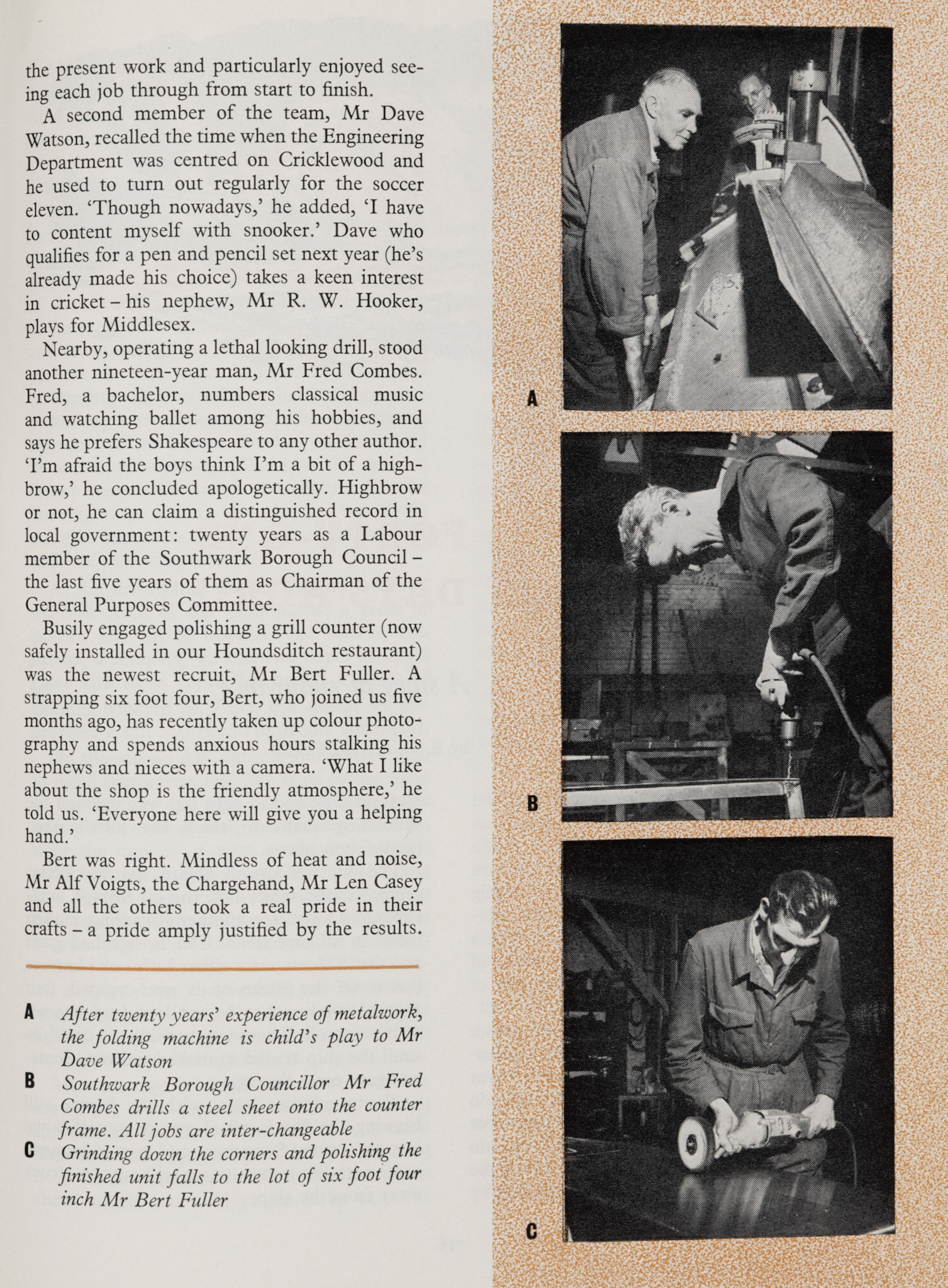 1957 Camden Town Engineering Department (T.H. Lewis)-visit to the Sheet Metal Dept with Works Manager Mr C.A. Glasspool. Featuring Foreman Mr L.S. 'Kips' Oldman, Mr Wally Holloway, Mr Dave Watson, Mr Fred Coombes, Mr Bert Fuller, Mr Alf Voights and Mr Len Casey. Philip Boyd remembers "I knew all the people in this article, the workshop was up stairs known as Kippers Plaice. They made all the worktops and counters for the shops and restaurants. Wally (Holloway) had a habit of coming to work late. Fred Combes became mayor of Southwark, he also ran the Christmas club. The engineering department was downstairs, it was known as Chalk Farm Engineering Department." (Express News Autumn)