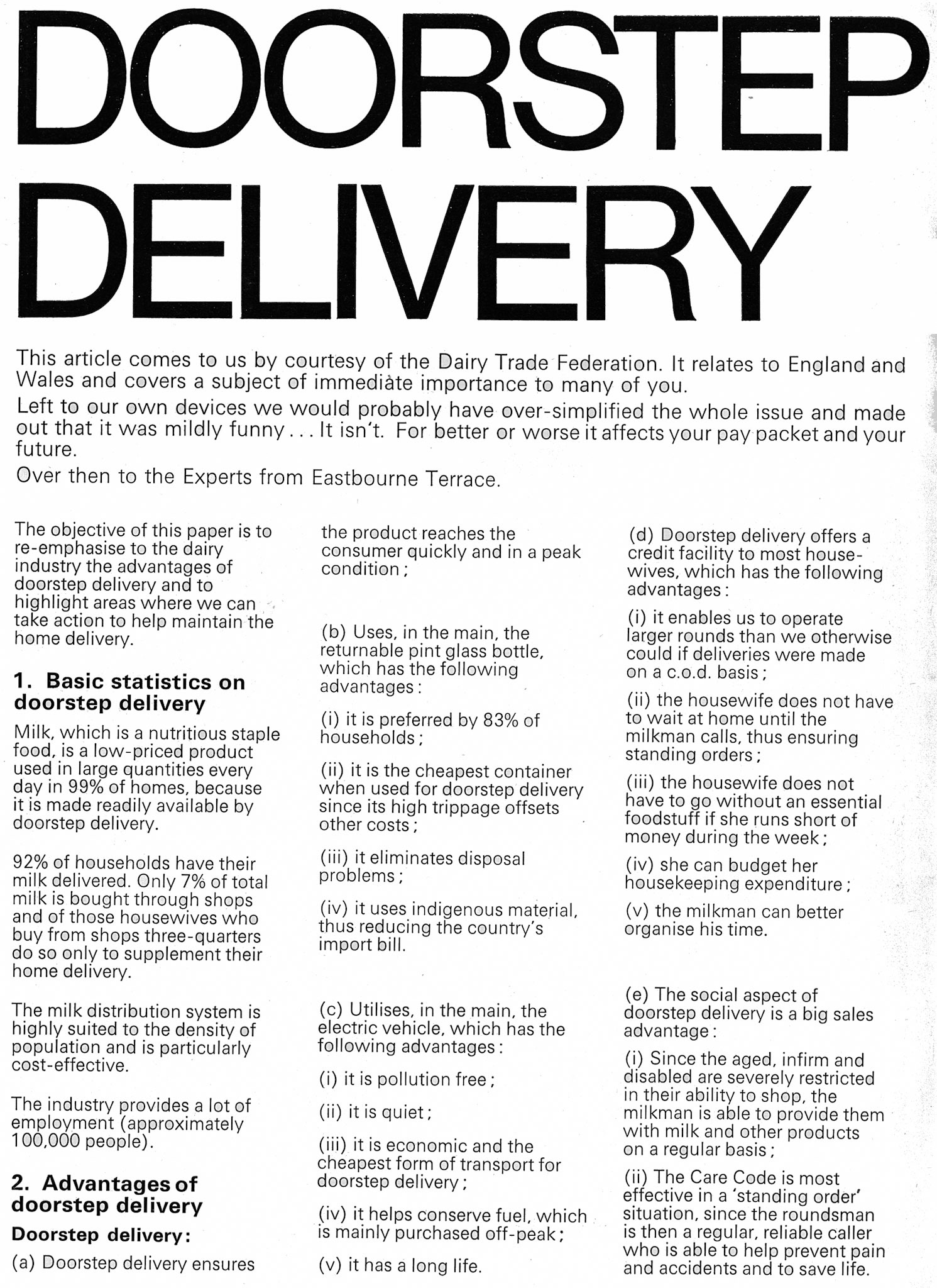 1976 Dairy Trade Federation article about doorstep delivery. (Express News Autumn)