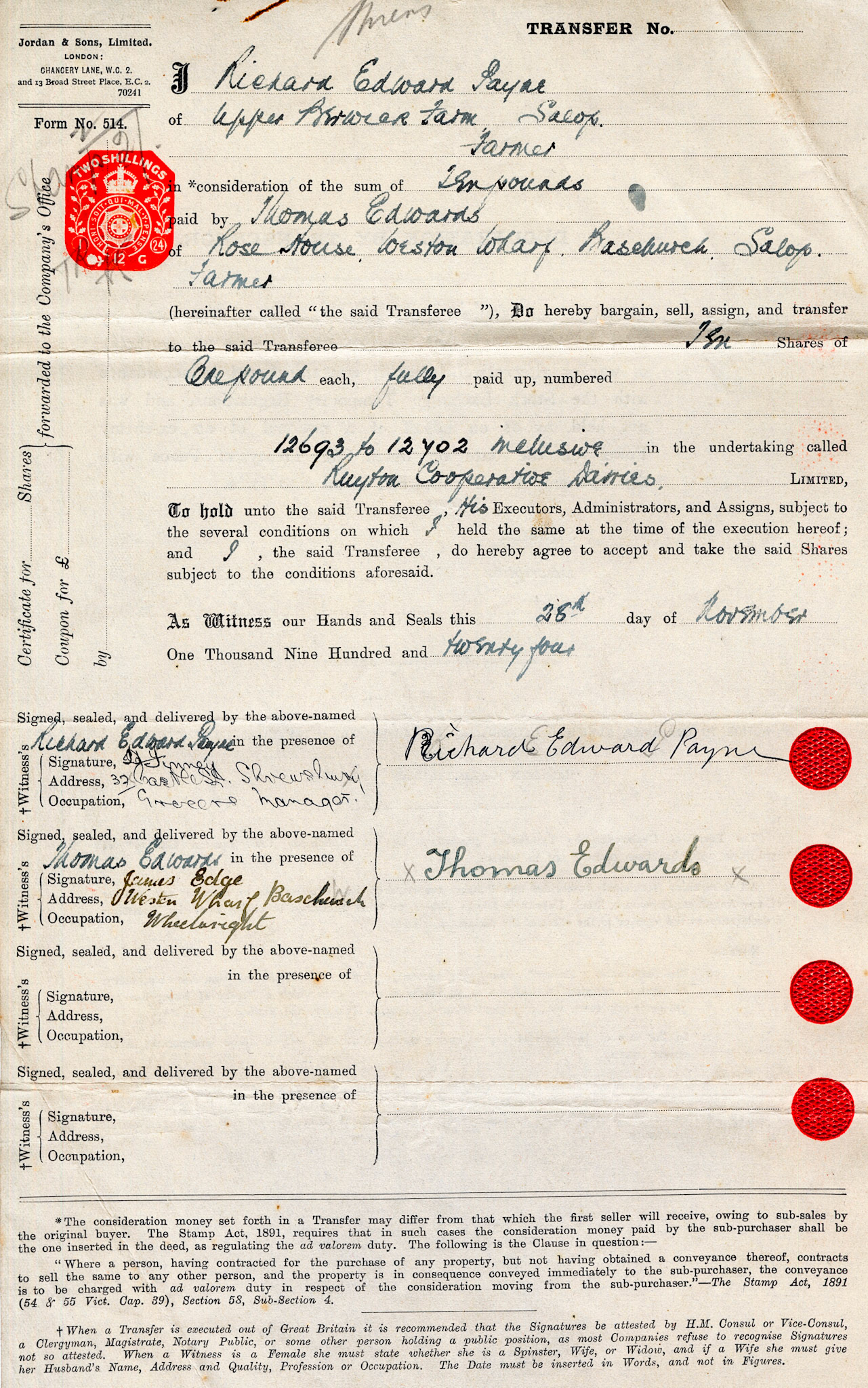 1924-Richard Edward Payne-Share Transfer Form