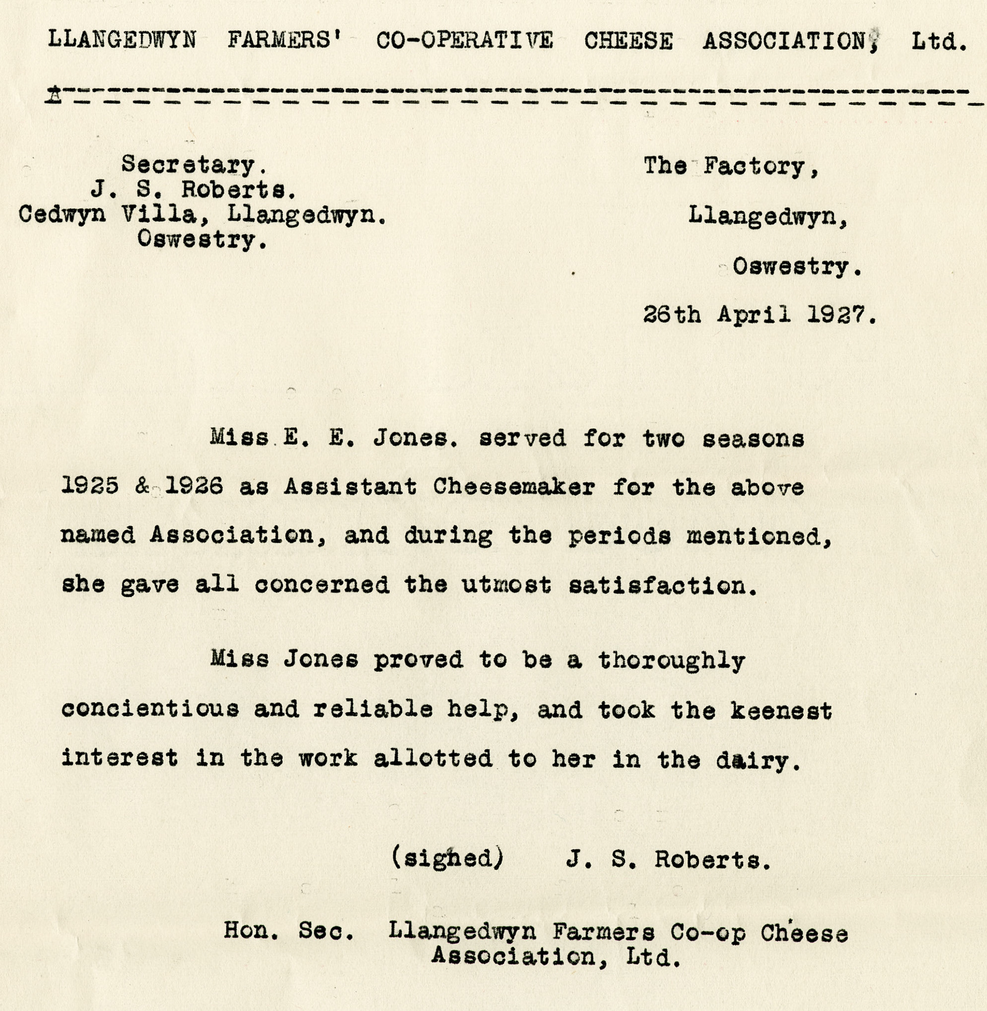 1930 Ruyton Co-operative Dairies-Cheesemaker Job Applications-Miss Emily Elizabeth Jones.