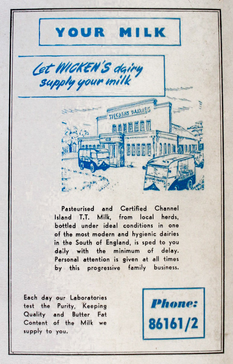 1960's? Wicken's Dairies advertisement, before acquisition by Prmrose and Len in 1961 (Courtesy Robert Churn)