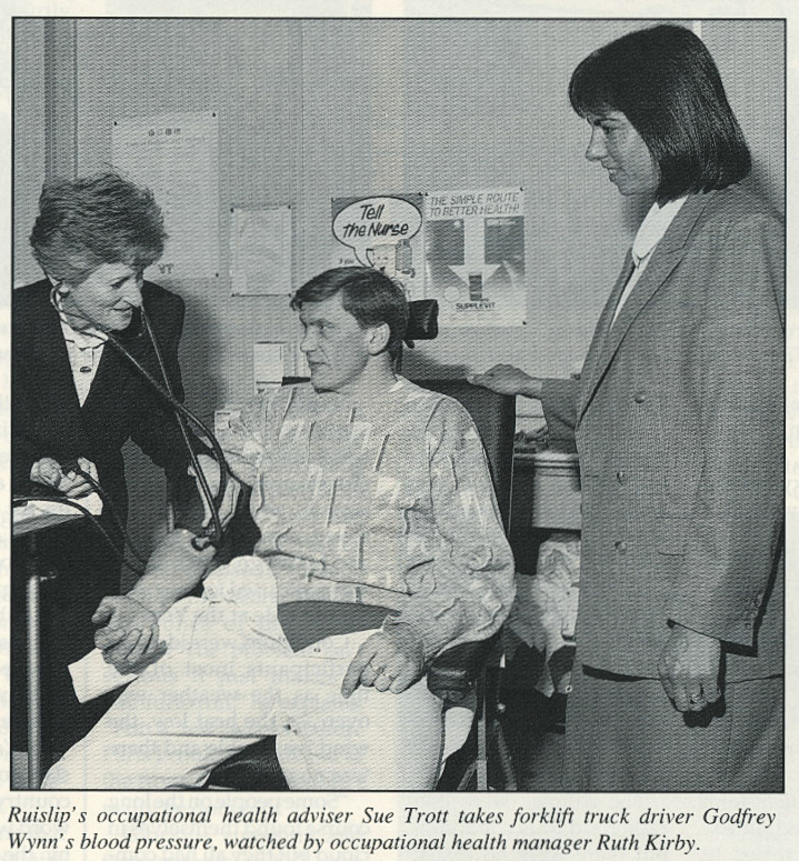1990 Occupational Health team at South Ruislip checking fork-lift operator Godfrey Wynn, wit Sue Trott and Ruth Kirby
