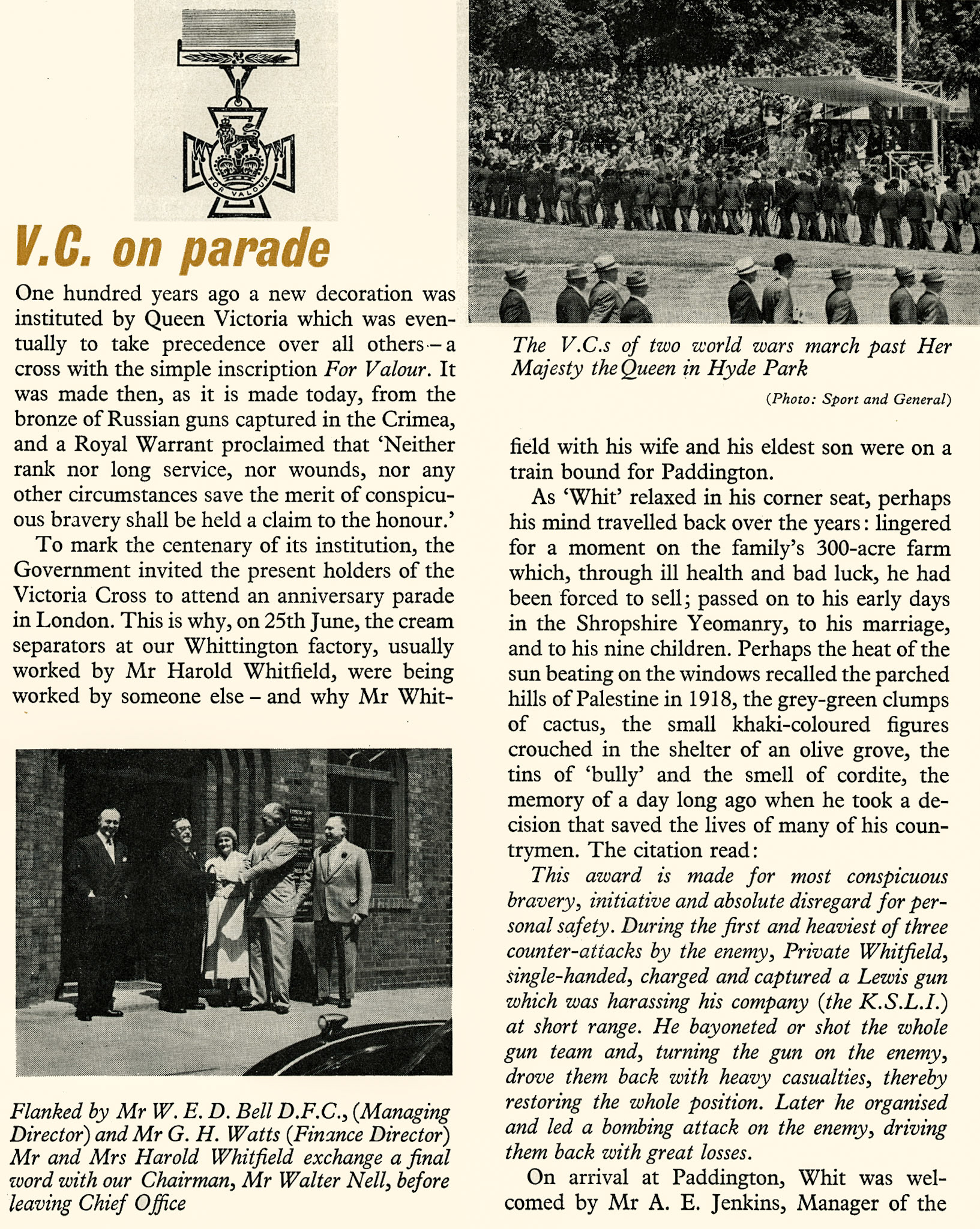 1956 Harold Whitfield, cream separator operator at Whittington Creamery, attended a VC Anniversary parade. (Express News September)