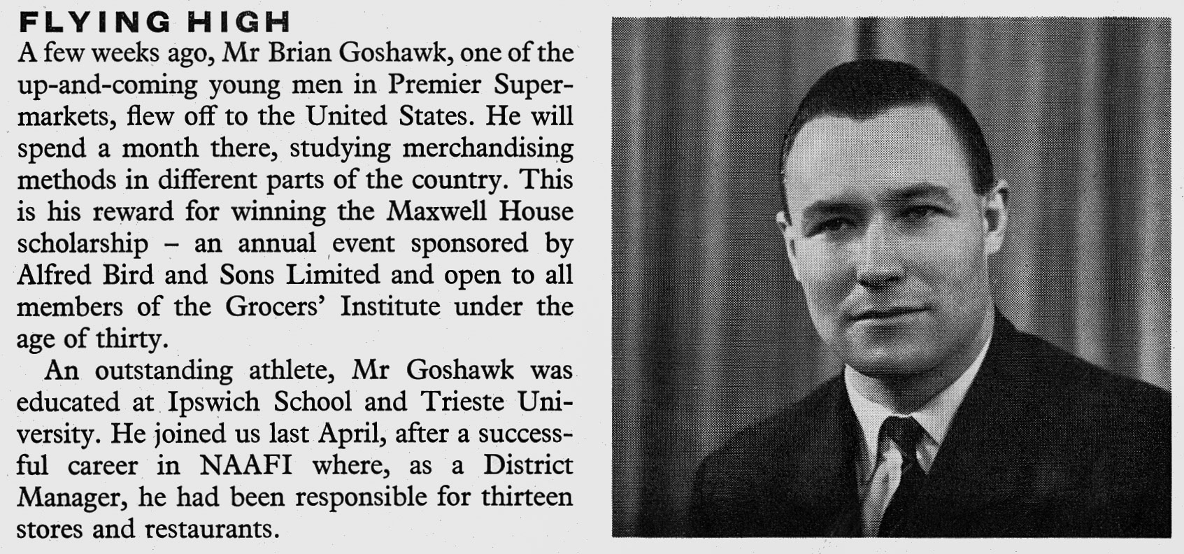 1960 Brian Goshawk of Premier Supermarkets starts fact-finding trip to the USA. (Express News Spring)