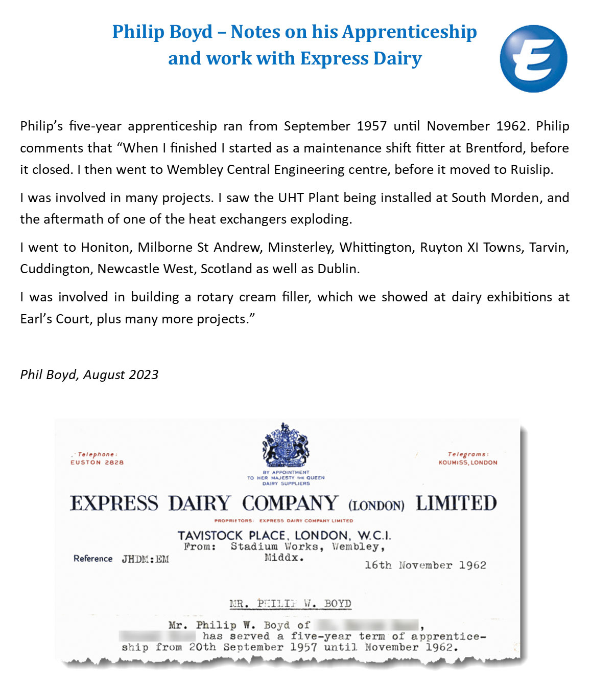 2023 Phil Boyd's recollections on Express Dairy (Courtesy Philip Boyd)