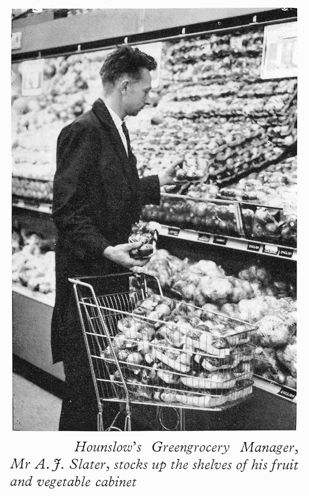 1962 Feature article about fruit and vegetable sales pictures Mr A.J. Slater, Greengrocery Manager, at Hounslow Central supermarket. (Express News Autumn)