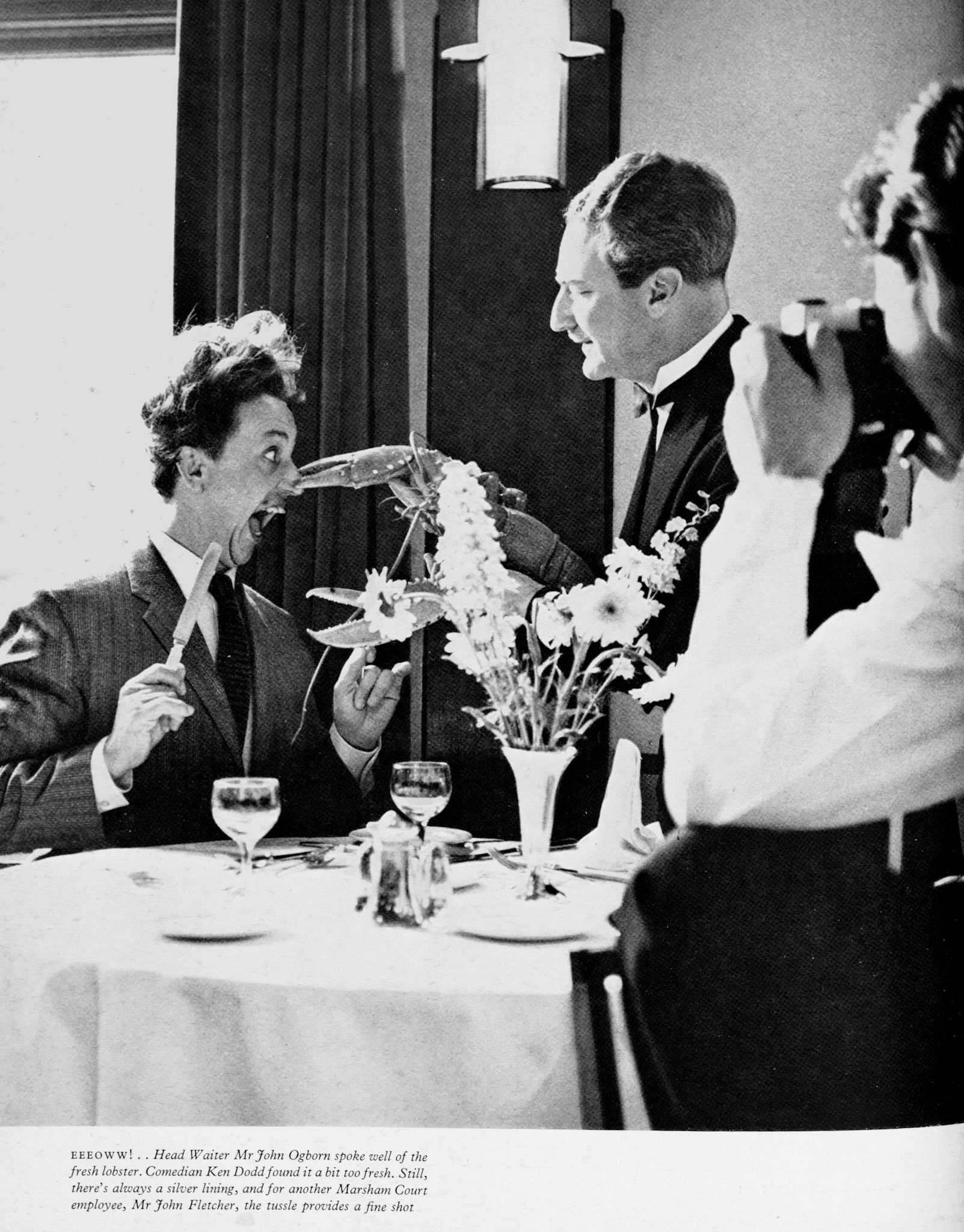 1961 Marsham Court Hotel, with Ken Dodd, Head Waiter John Ogborn and photographer John Fletcher. (Express News Autumn, Back Cover)