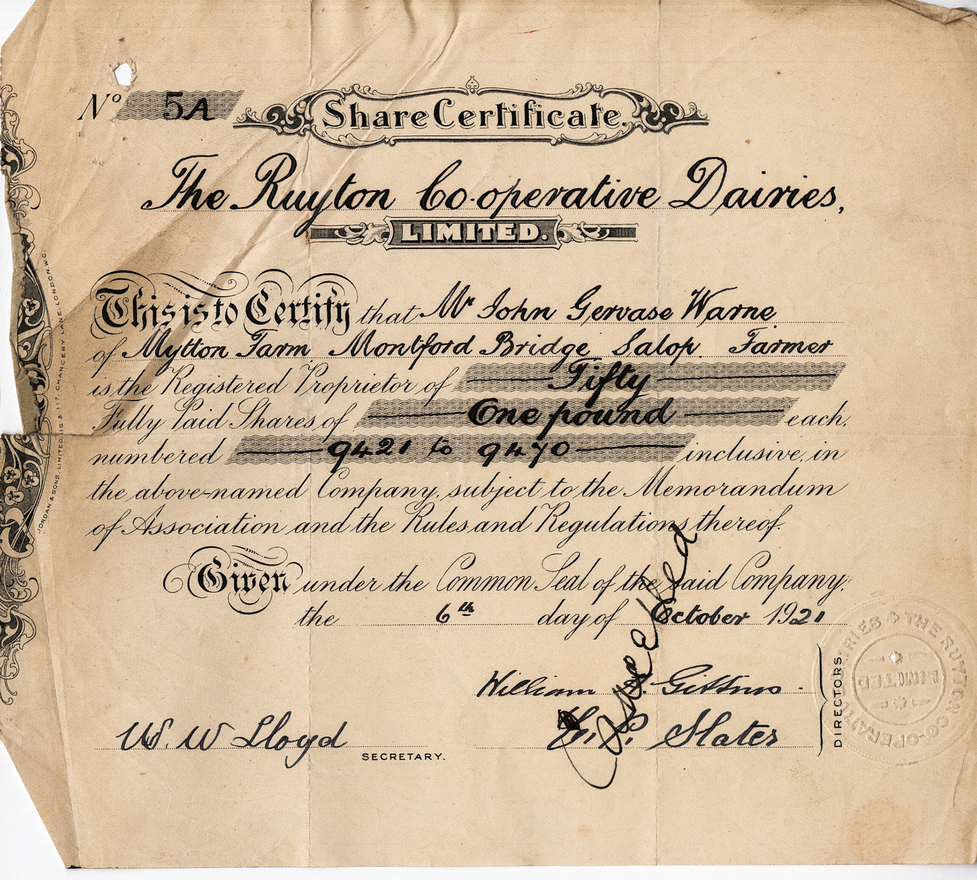 1921 Share Certificate-Mr John Gervase Warne