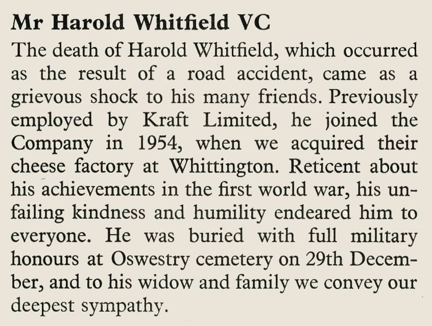 1957 Death announced of Harold Whitfield, VC holder who worked at Whittington Creamery. (Express News March)