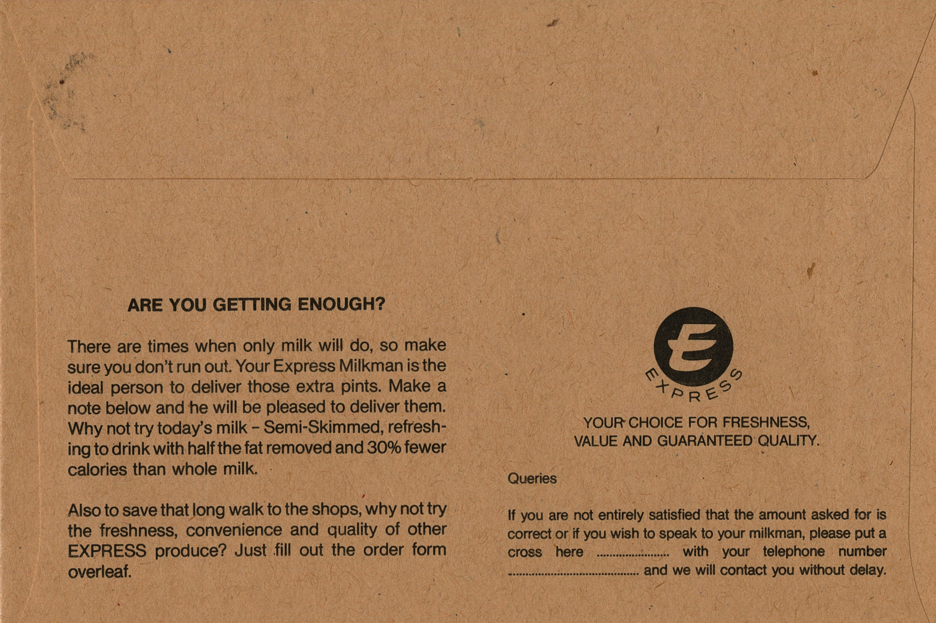 1990's? Milkman's customer envelope for payment and orders (Courtesy Michael Aldread)