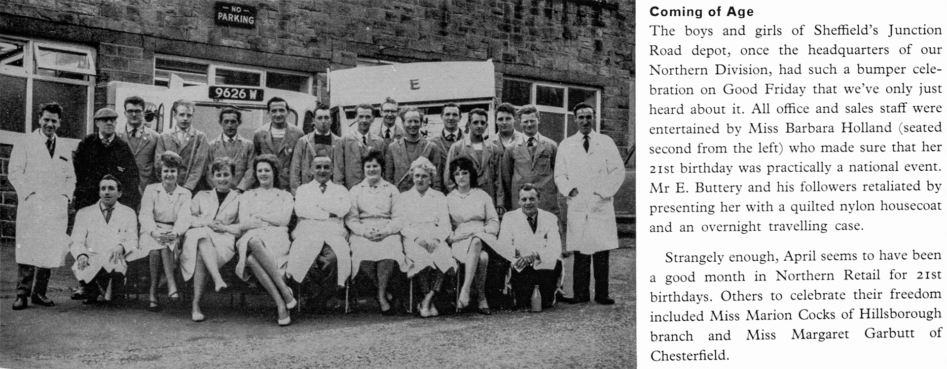 1962 Sheffield Junction Road Depot celebrates Miss Barbara Holland's 21st Birthday with office and sales staff including Manager Mr. E. Buttery. Hillsborough staff member Miss Marion Cocks and Chesterfield's Miss Margaret Garbutt are also mentioned. (Express News Autumn)