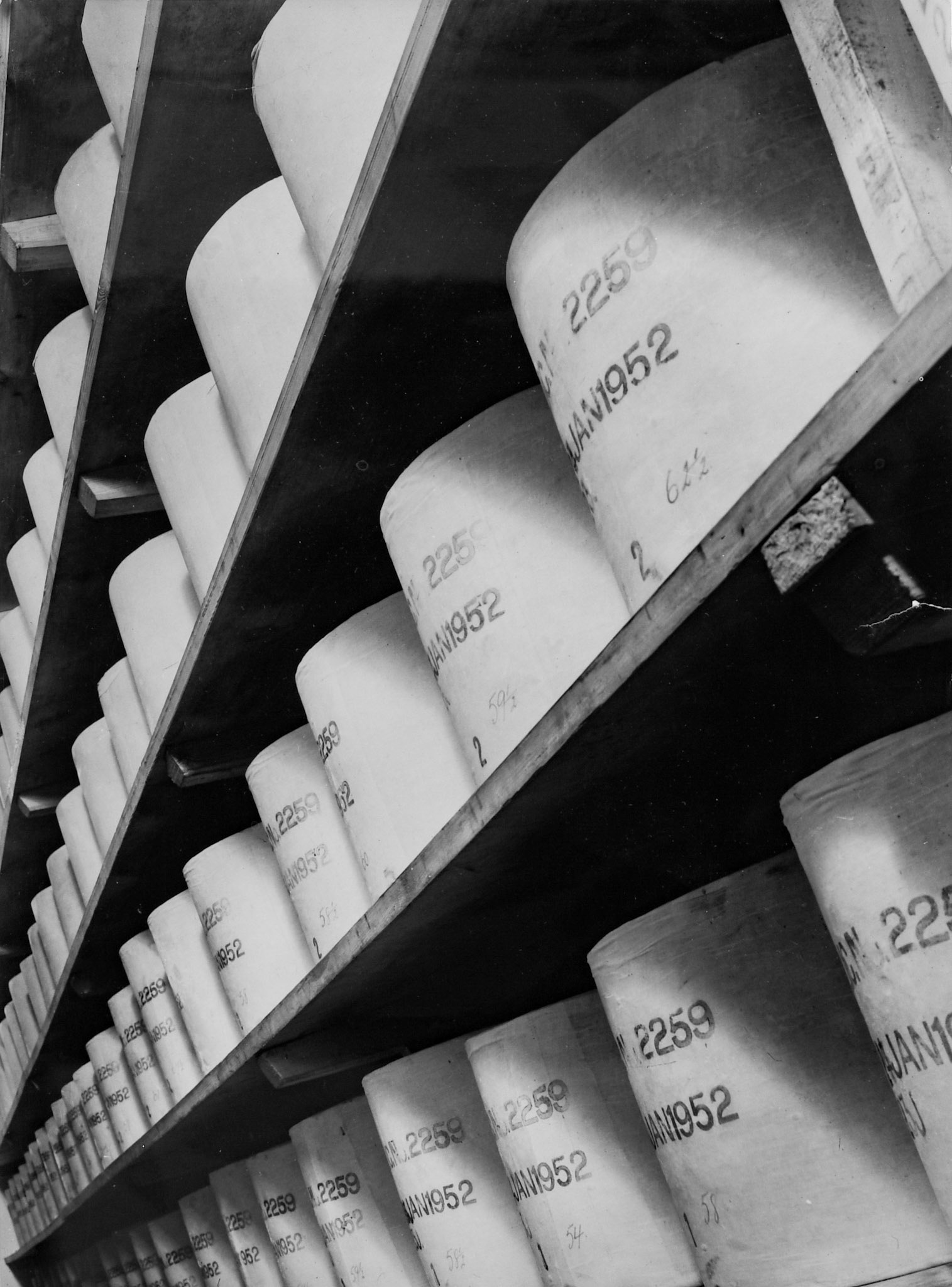 1950's Rowsley Dairy Cheese Store, cheeses dated January 1952. (Courtesy Derbyshire Record Office, donated in March 1985; they had previously belonged to the donor's father, who was an electrical engineer with the dairy.)