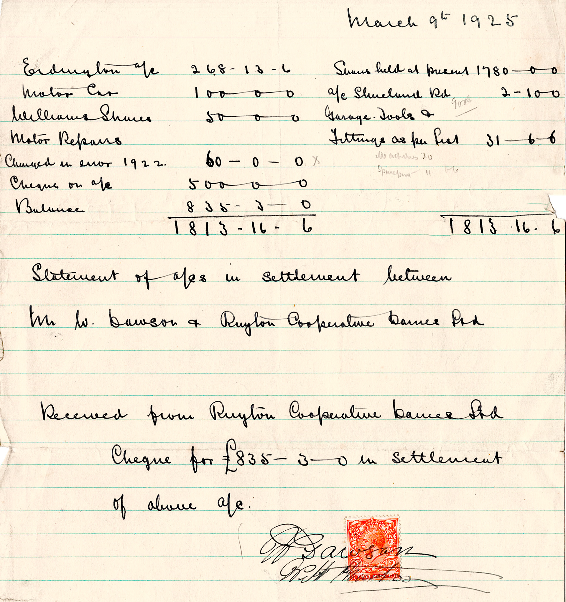 1925 Receipted invoice for car and vehicle repairs from Shirelands, Birmingham for £1813-16s-6d.