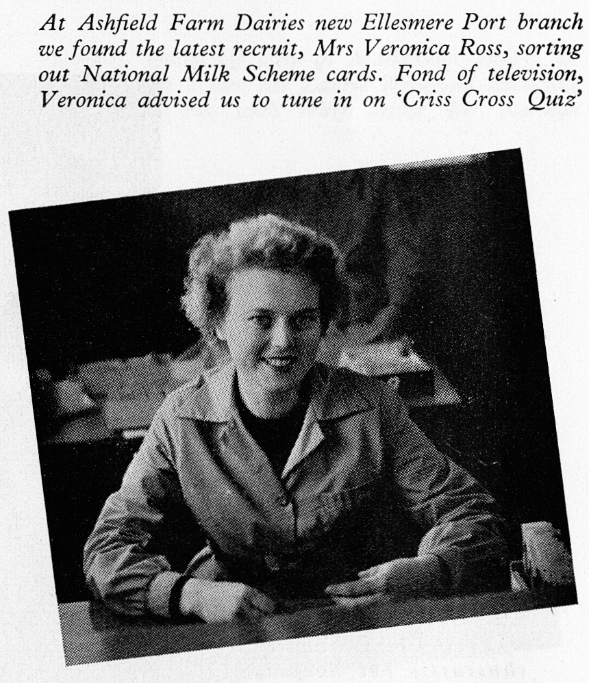 1957 Ashfield Farm Dairies Ellesmere Port branch, with Mrs Veronica Ross. (Express News December)